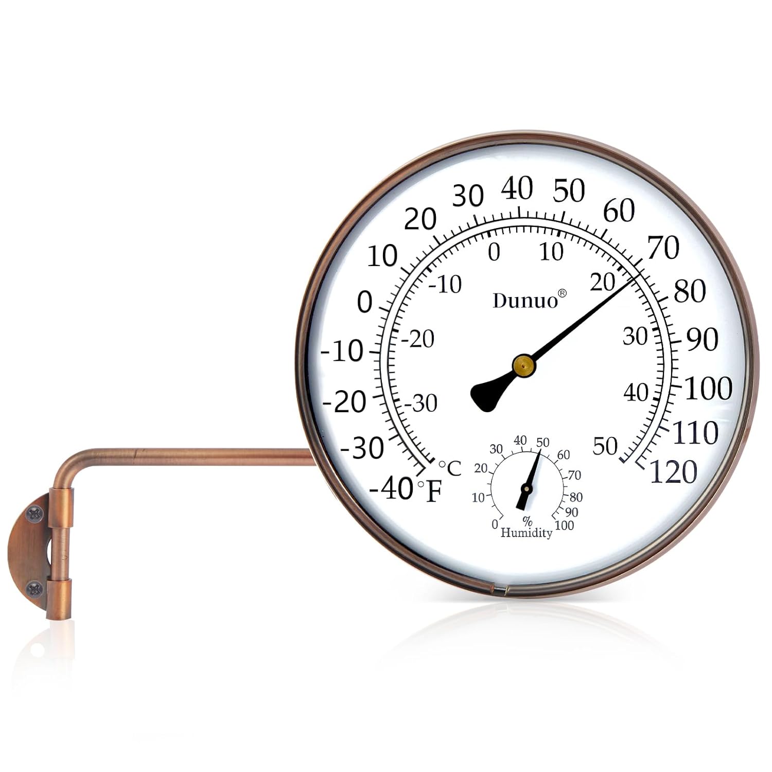 6" Outdoor Thermometer for Greenhouse, Garage and Patio. Weatherproof & Decorative Outside Temperature Gauge for Window, Antique Copper with Humidity (Easy-Read Brass Swivel Design)