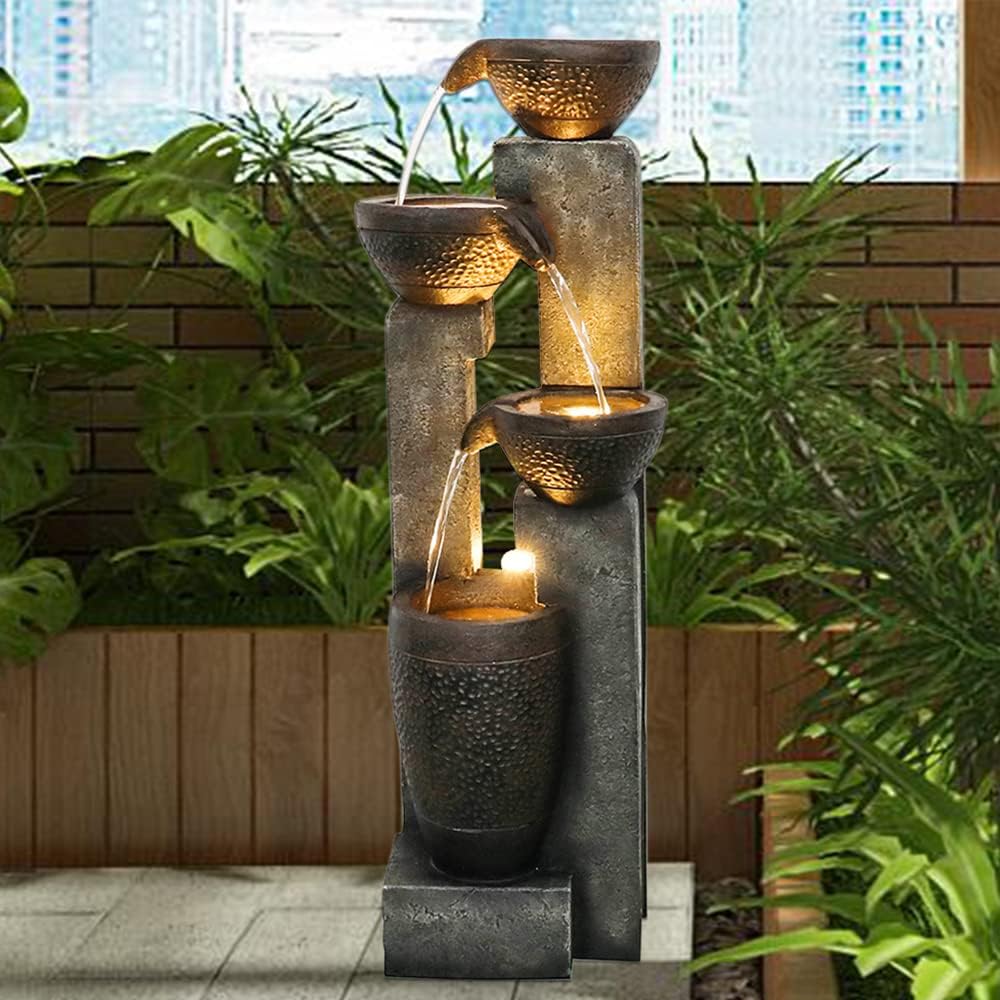 5 -Tier Outdoor Garden Water Fountain Decor, Resin Fountain for Garden, Floor Patio, Deck, Porch, Backyard and Home Art Decor (Brown, 39.7inch)