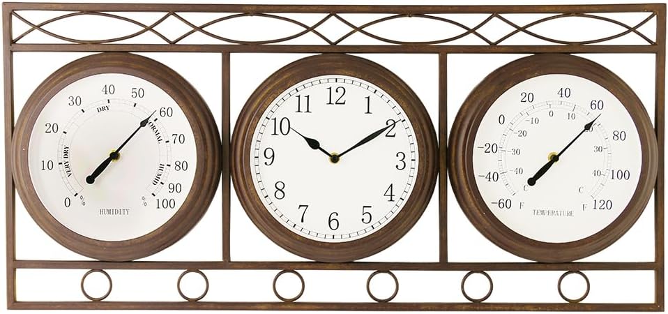 BESTIME 66285A Three-in-one Metal Wall Clock.Thermometer,Hygrometer,Weatherproof,Indoor,Outdoor,Weather Resistant.Whether Industrial,Country,Rustic.