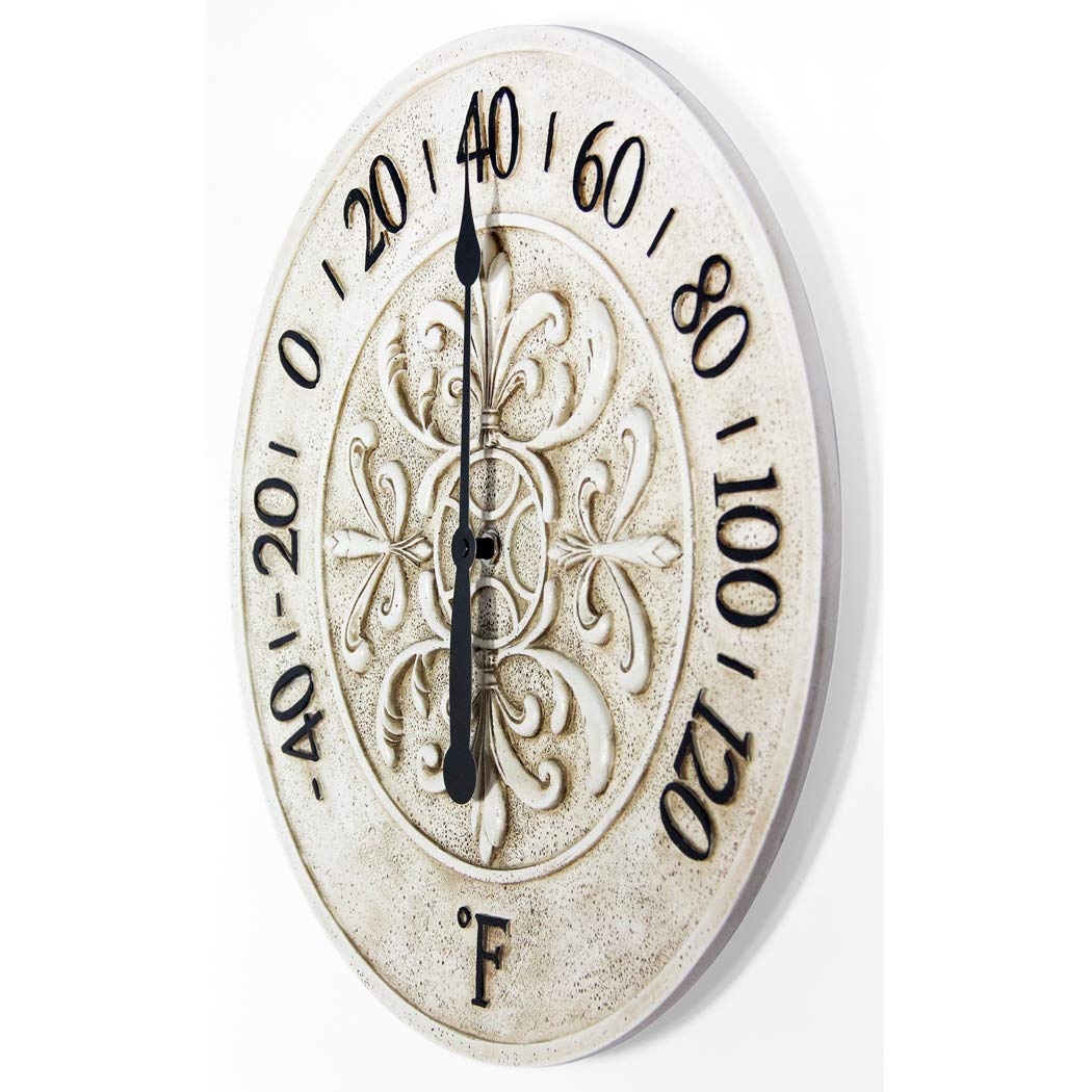 Blanc Fleur 15 inch Decorative Outdoor Thermometer for Garage, Patio, Backyard, Outdoor Wall, Fence Outdoor Thermometer Decorative Patio Thermometer Vintage Antique Aged White Ivory Easy to Read