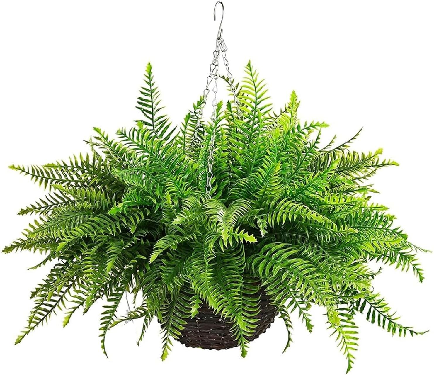 QIANYUN Outdoor Artificial Plants-2PCS Artificial Outdoor Hanging Fern Faux Greenery UV Resistant Plastic Plants for Front Porch Living Room Garden Decor- Including Hanging Planters (Dark Green)