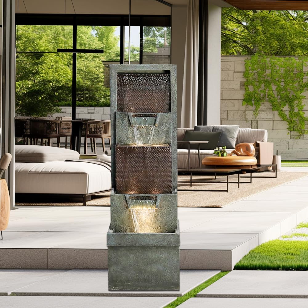 5 -Tier Outdoor Garden Water Fountain Decor, Resin Fountain for Garden, Floor Patio, Deck, Porch, Backyard and Home Art Decor (Brown, 39.7inch)