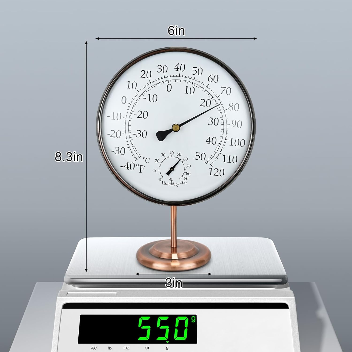 6’’ Outdoor Thermometer Hygrometer - Solid Brass Analog Temperature Gauge with Stand, No Battery Required Weather Dial Hygrometer Thermometer for Home, Office, Table or Decorative