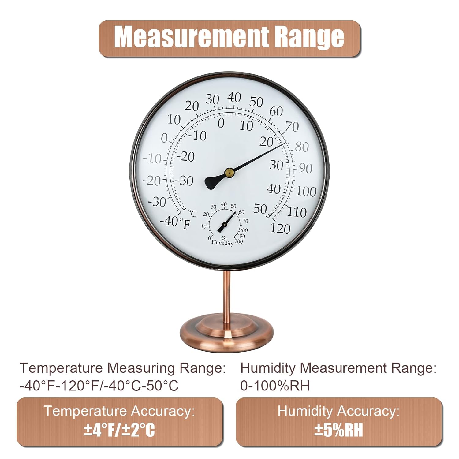 6’’ Outdoor Thermometer Hygrometer - Solid Brass Analog Temperature Gauge with Stand, No Battery Required Weather Dial Hygrometer Thermometer for Home, Office, Table or Decorative
