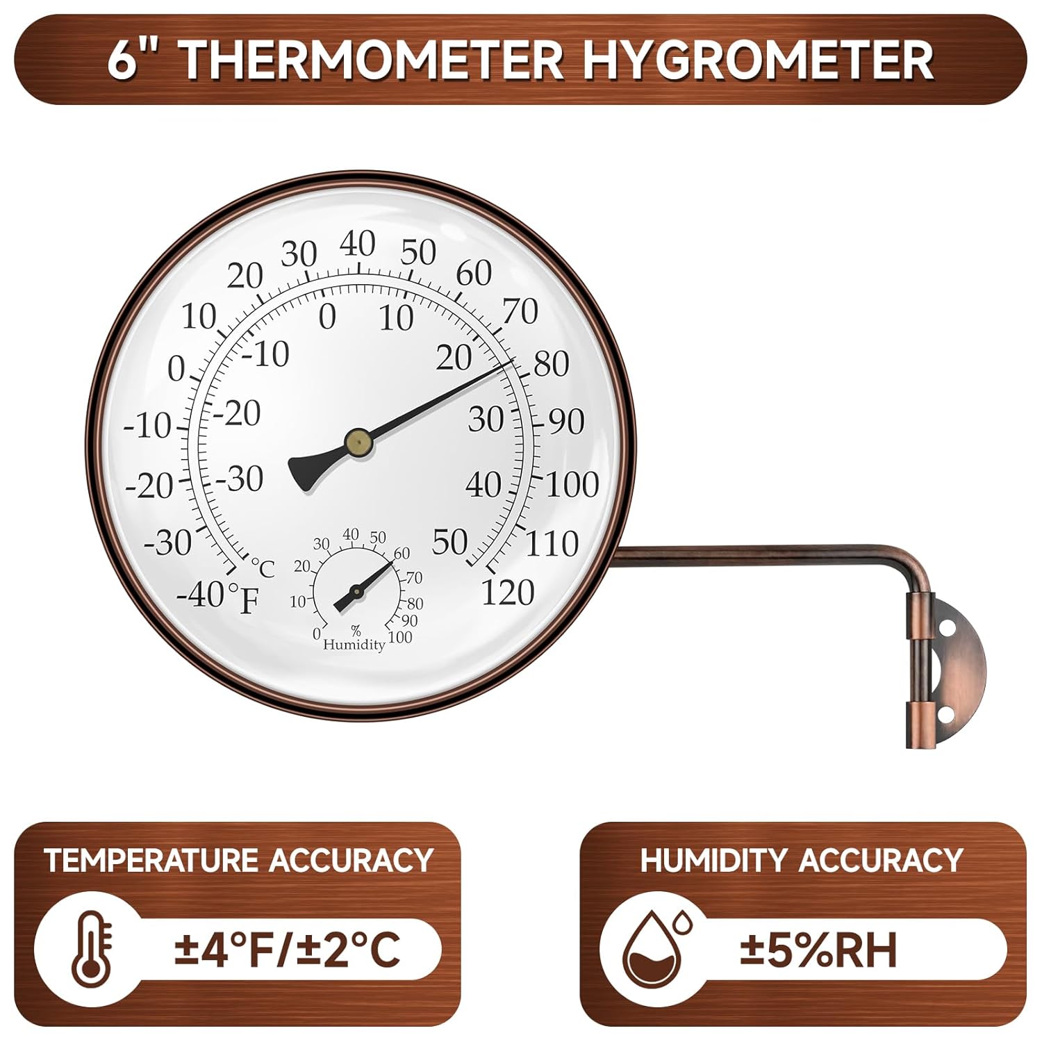 6 Inch Indoor Outdoor Thermometer with Hygrometer - Large Analog Temperature Humidity Gauge with Dual Scale (Fahrenheit & Celsius), Brass Wall Mounted for Garden, Patio, Greenhouse, Chicken Coop
