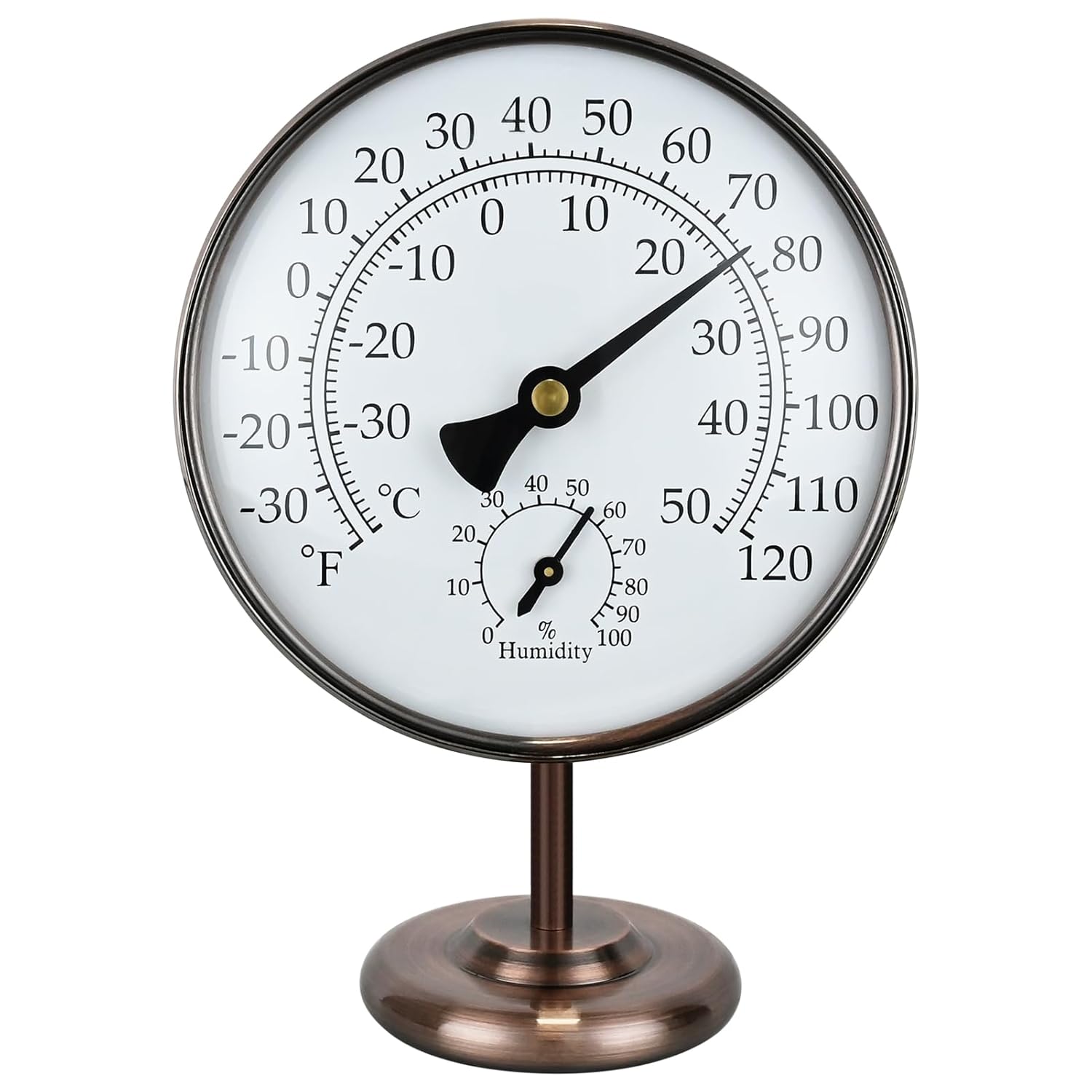 6’’ Outdoor Thermometer Hygrometer - Solid Brass Analog Temperature Gauge with Stand, No Battery Required Weather Dial Hygrometer Thermometer for Home, Office, Table or Decorative