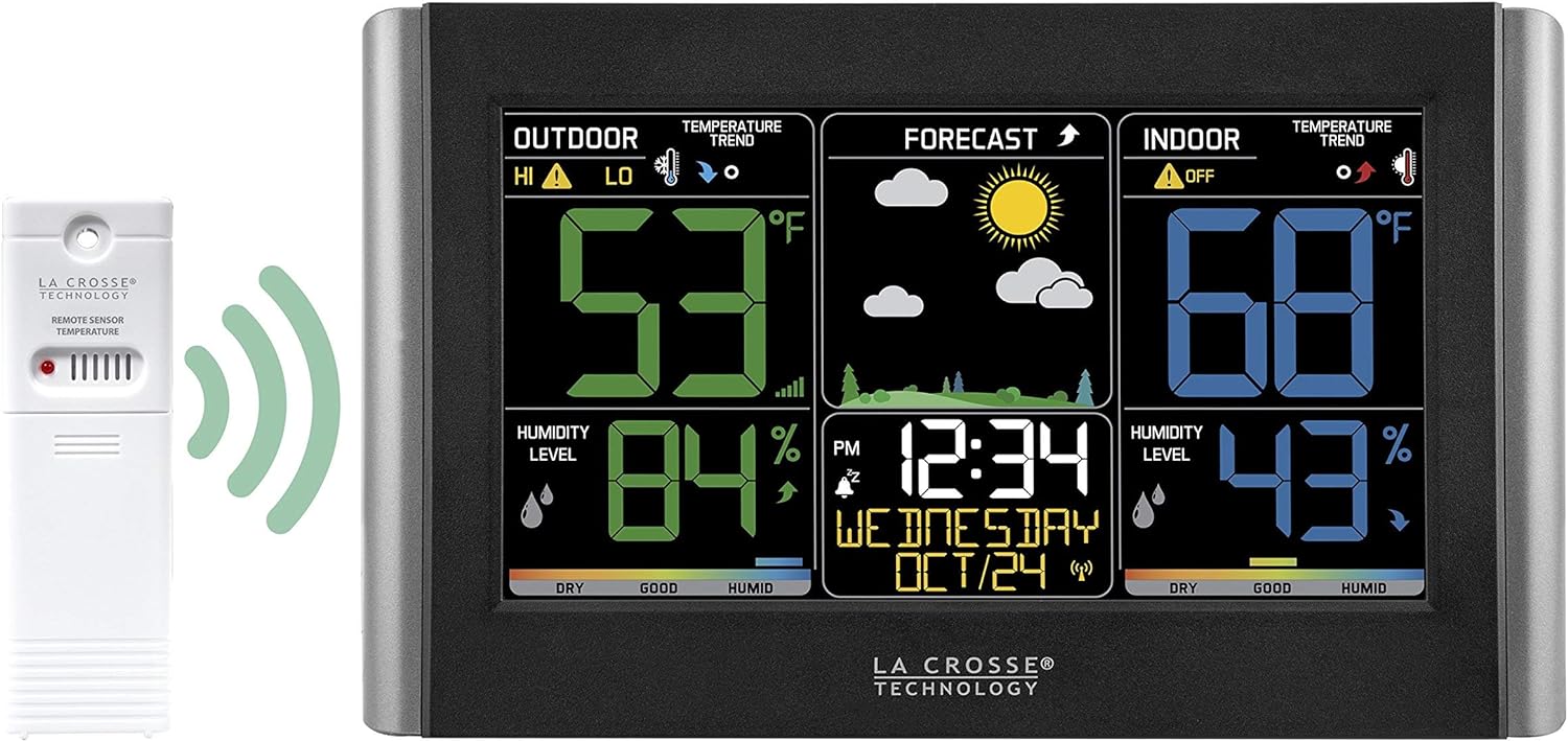 La Crosse Technology Weather Station with Customizable Alerts, Weather Forecast, Temperature, Dew Point, Humidity, Time, Heat Index, Large Display, Adjustable Brightness, Wireless, Black, C85845-INT
