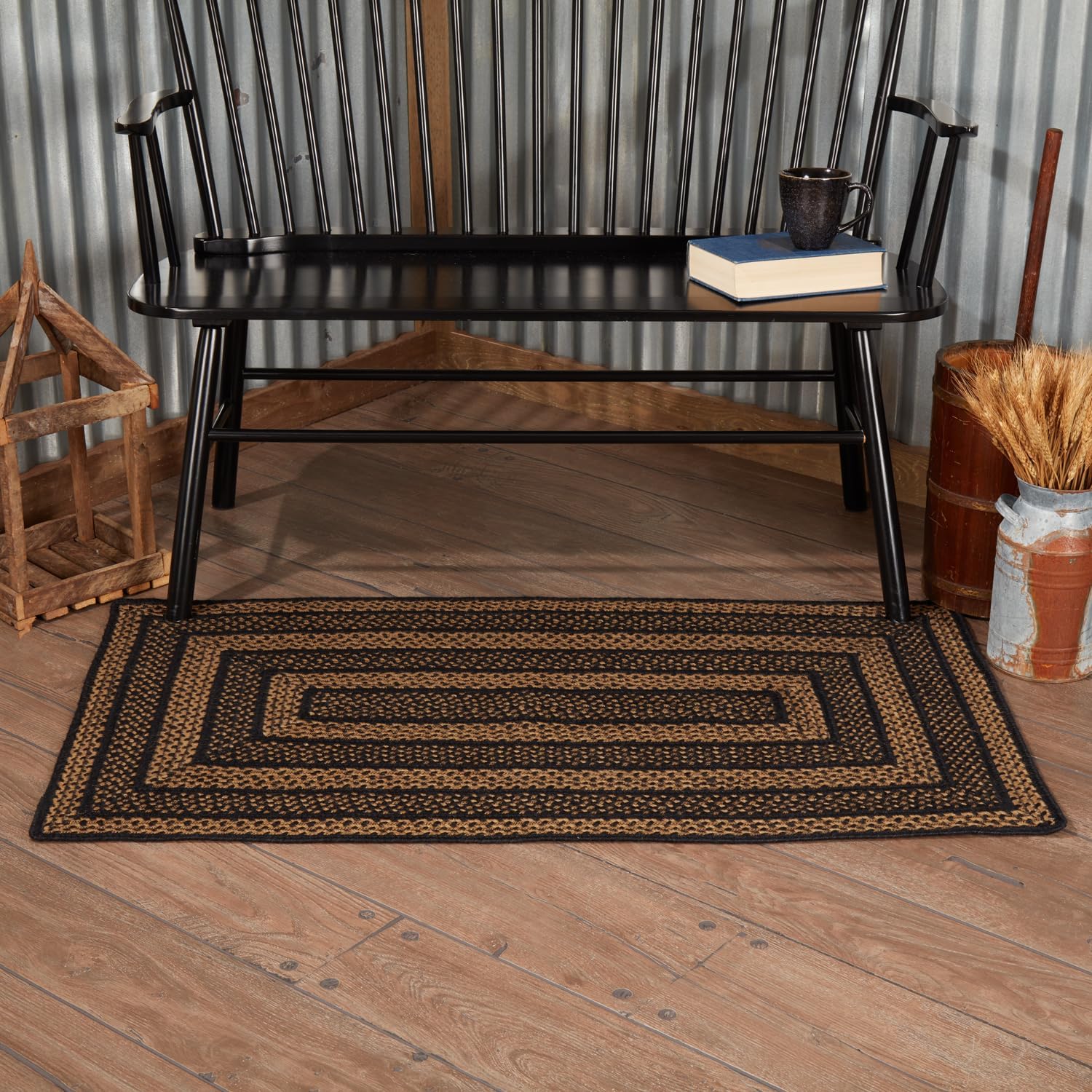 VHC Brands Farmhouse Primitive Jute Black Striped Area Rug Rectangle w/Floor Pad 60"x96"