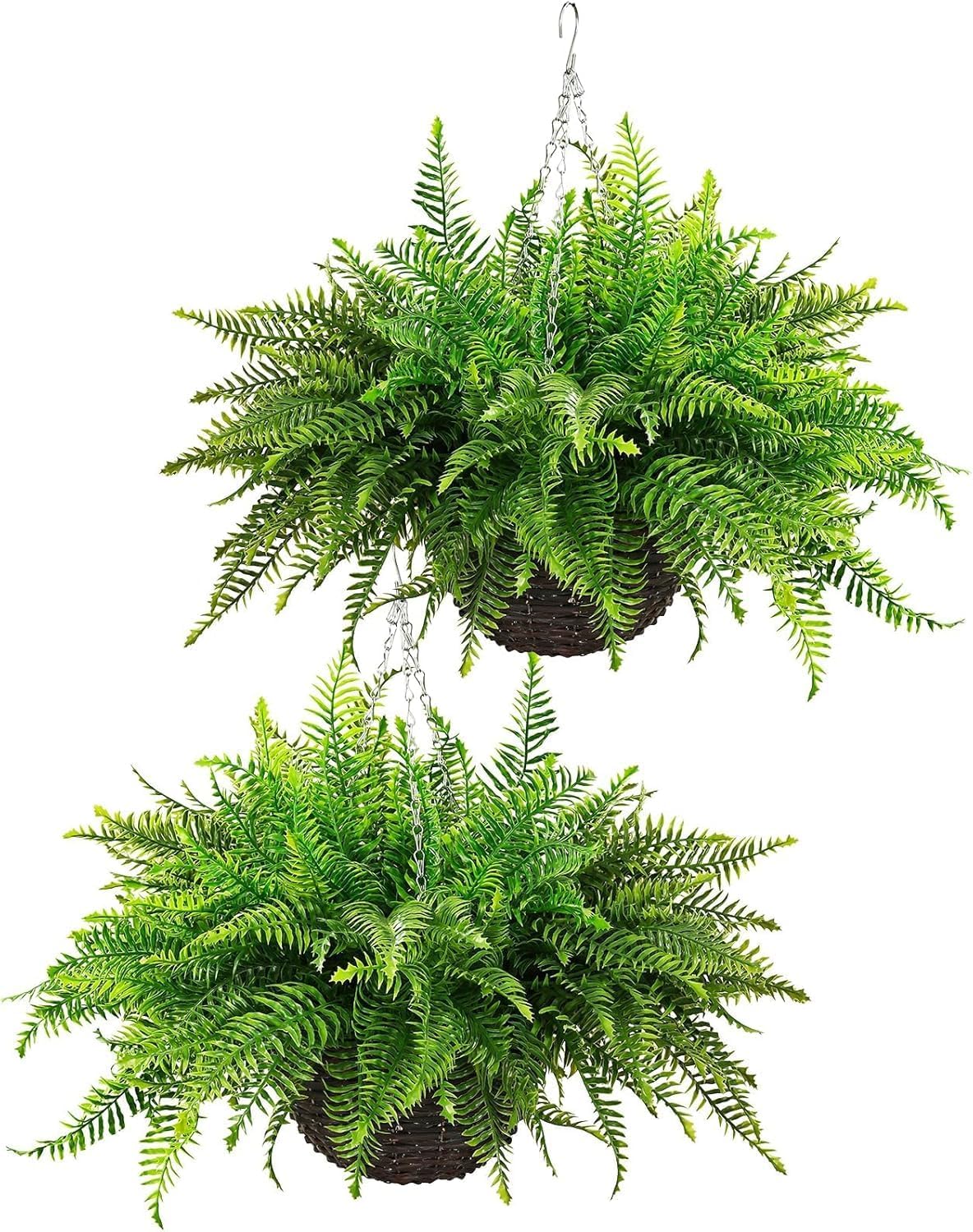 QIANYUN Outdoor Artificial Plants-2PCS Artificial Outdoor Hanging Fern Faux Greenery UV Resistant Plastic Plants for Front Porch Living Room Garden Decor- Including Hanging Planters (Dark Green)