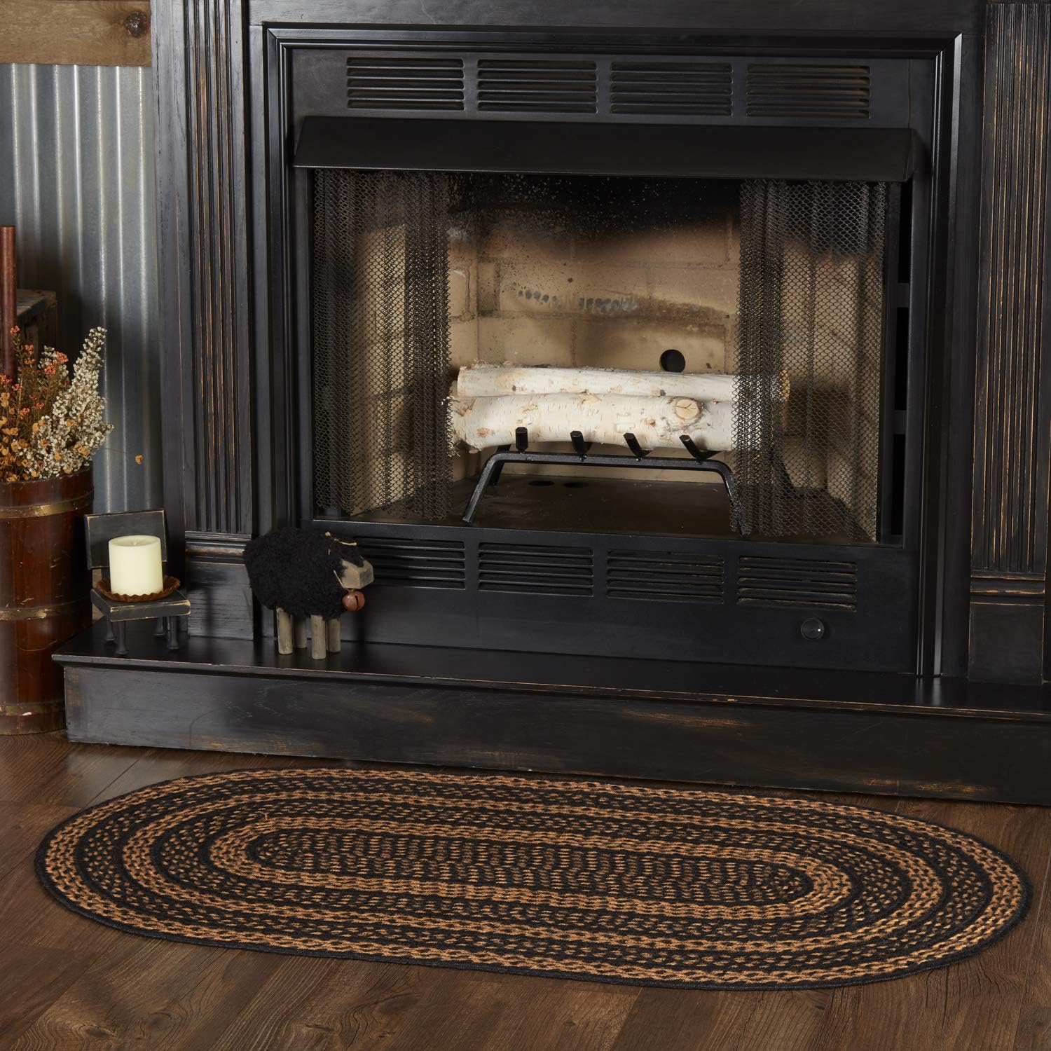 VHC Brands Farmhouse Primitive Jute Black Striped Area Rug Rectangle w/Floor Pad 60"x96"