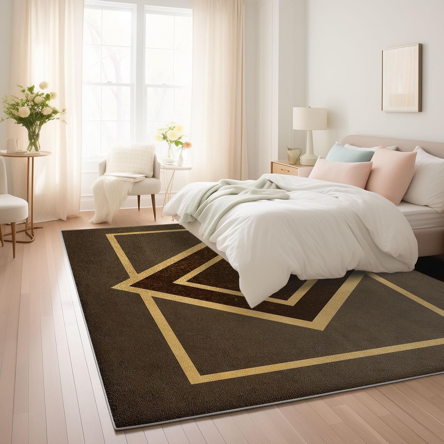 Washable Area Rugs Geometric Symmetric Rectangle 6 x 8 ft Carpet, Dark Brown Stain Resistant Machine Washable Non-Slip Flannel Carpet, for Bedroom Dining Room Entryway Doormat