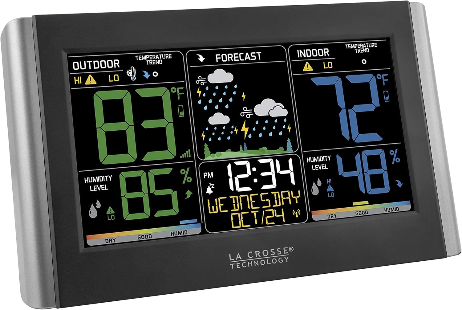 La Crosse Technology Weather Station with Customizable Alerts, Weather Forecast, Temperature, Dew Point, Humidity, Time, Heat Index, Large Display, Adjustable Brightness, Wireless, Black, C85845-INT