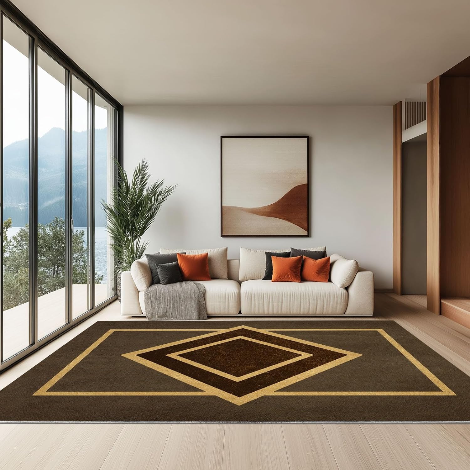 Washable Area Rugs Geometric Symmetric Rectangle 6 x 8 ft Carpet, Dark Brown Stain Resistant Machine Washable Non-Slip Flannel Carpet, for Bedroom Dining Room Entryway Doormat