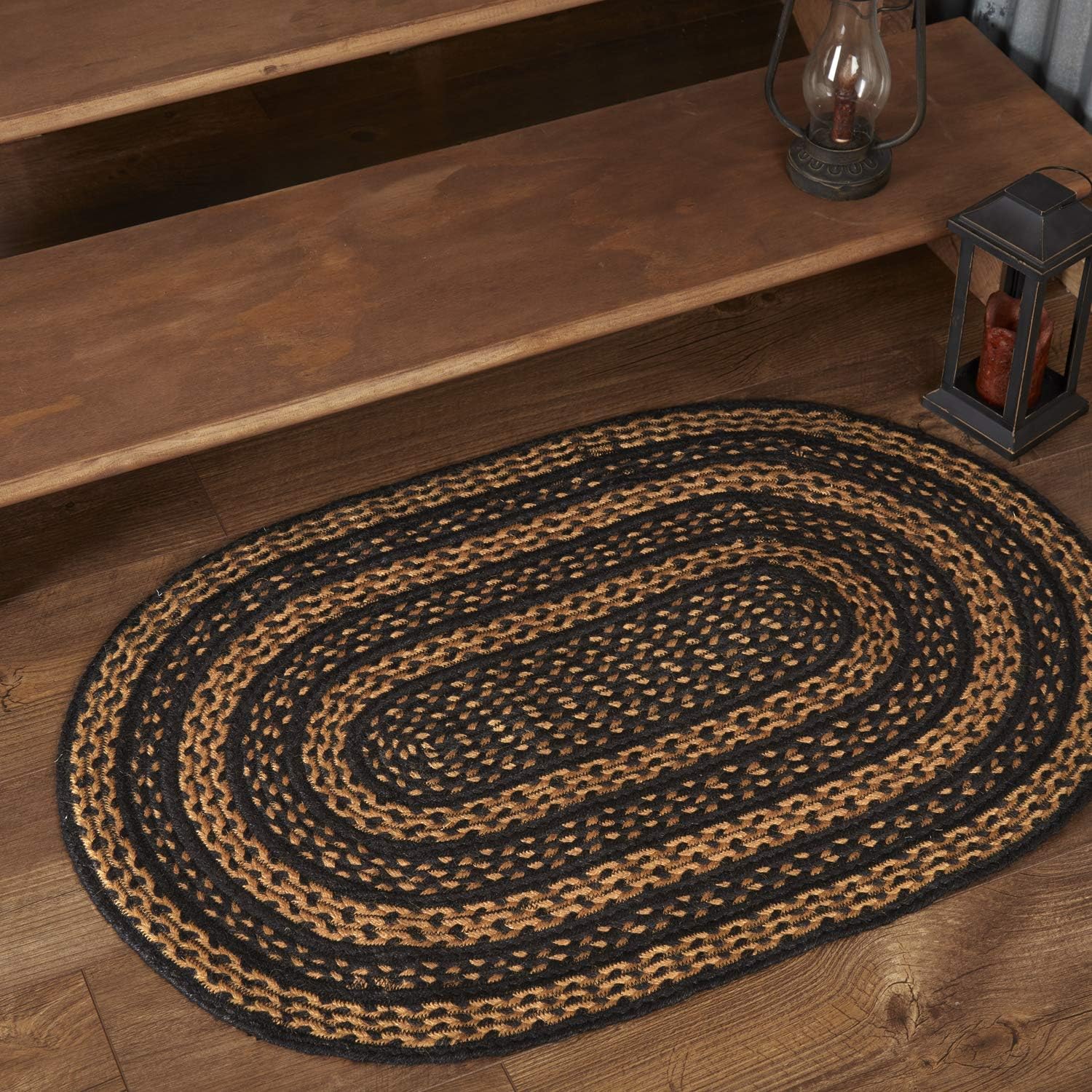 VHC Brands Farmhouse Primitive Jute Black Striped Area Rug Rectangle w/Floor Pad 60"x96"