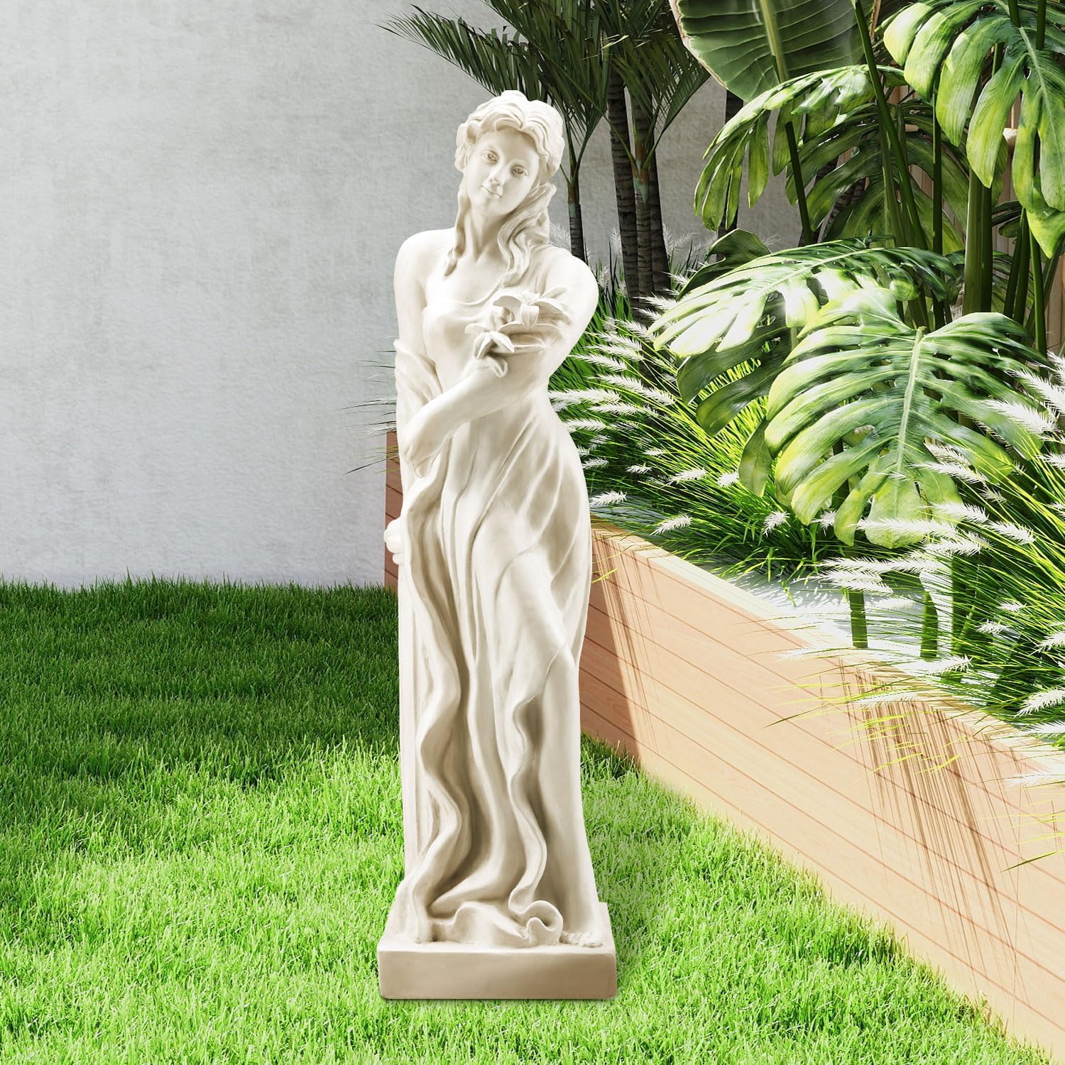 YOLENY 51'' Large Outdoor Garden Nymph Statue, Goddess of Spring Flowers, Roman Style Sculptures Decorations, Religious Garden Statue for Patio Lawns