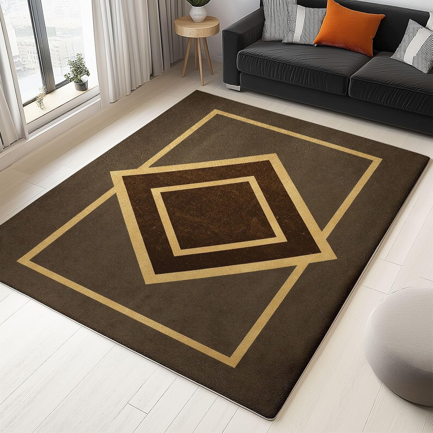 Washable Area Rugs Geometric Symmetric Rectangle 6 x 8 ft Carpet, Dark Brown Stain Resistant Machine Washable Non-Slip Flannel Carpet, for Bedroom Dining Room Entryway Doormat