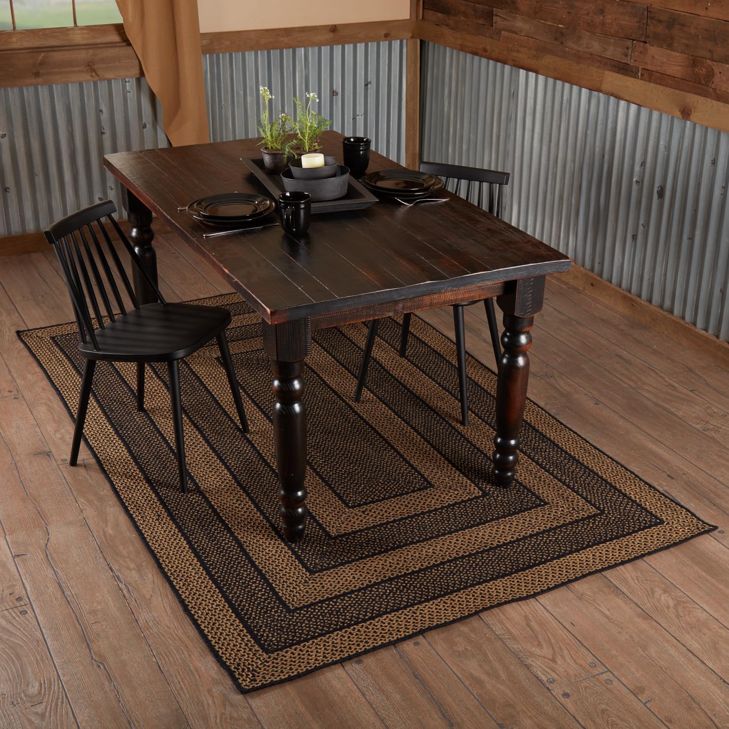 VHC Brands Farmhouse Primitive Jute Black Striped Area Rug Rectangle w/Floor Pad 60"x96"