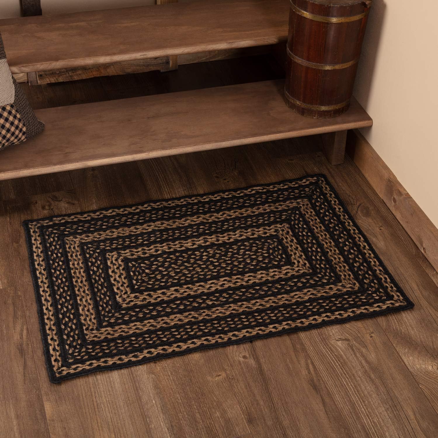 VHC Brands Farmhouse Primitive Jute Black Striped Area Rug Rectangle w/Floor Pad 60"x96"