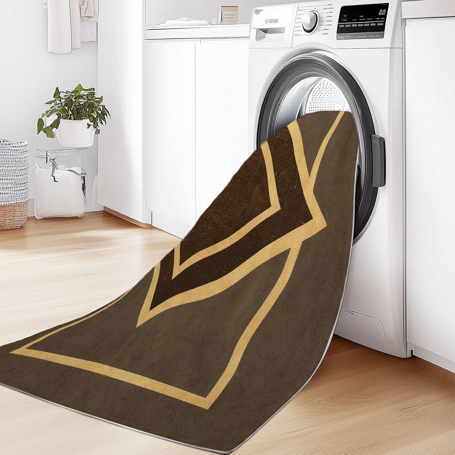 Washable Area Rugs Geometric Symmetric Rectangle 6 x 8 ft Carpet, Dark Brown Stain Resistant Machine Washable Non-Slip Flannel Carpet, for Bedroom Dining Room Entryway Doormat