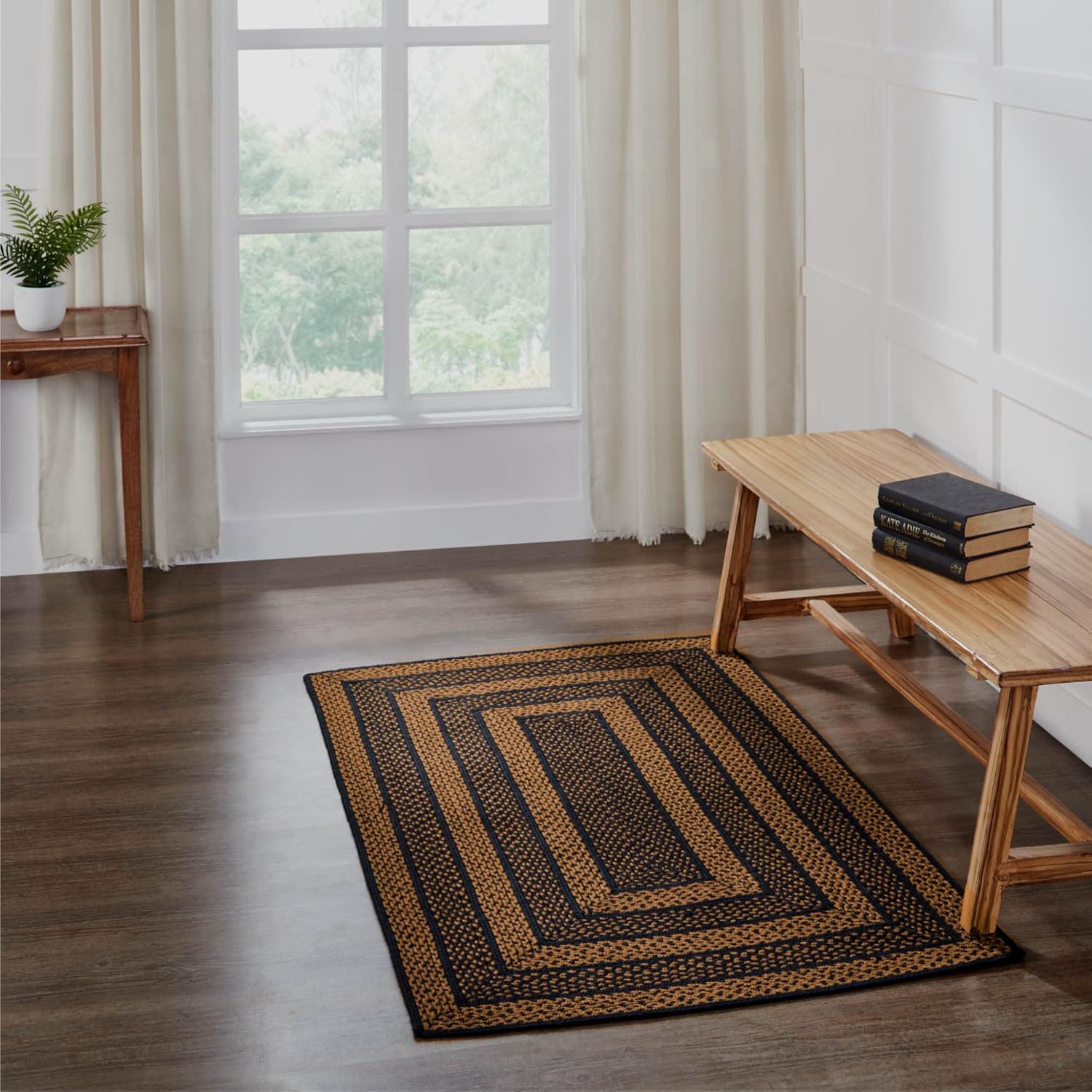 VHC Brands Farmhouse Primitive Jute Black Striped Area Rug Rectangle w/Floor Pad 60"x96"