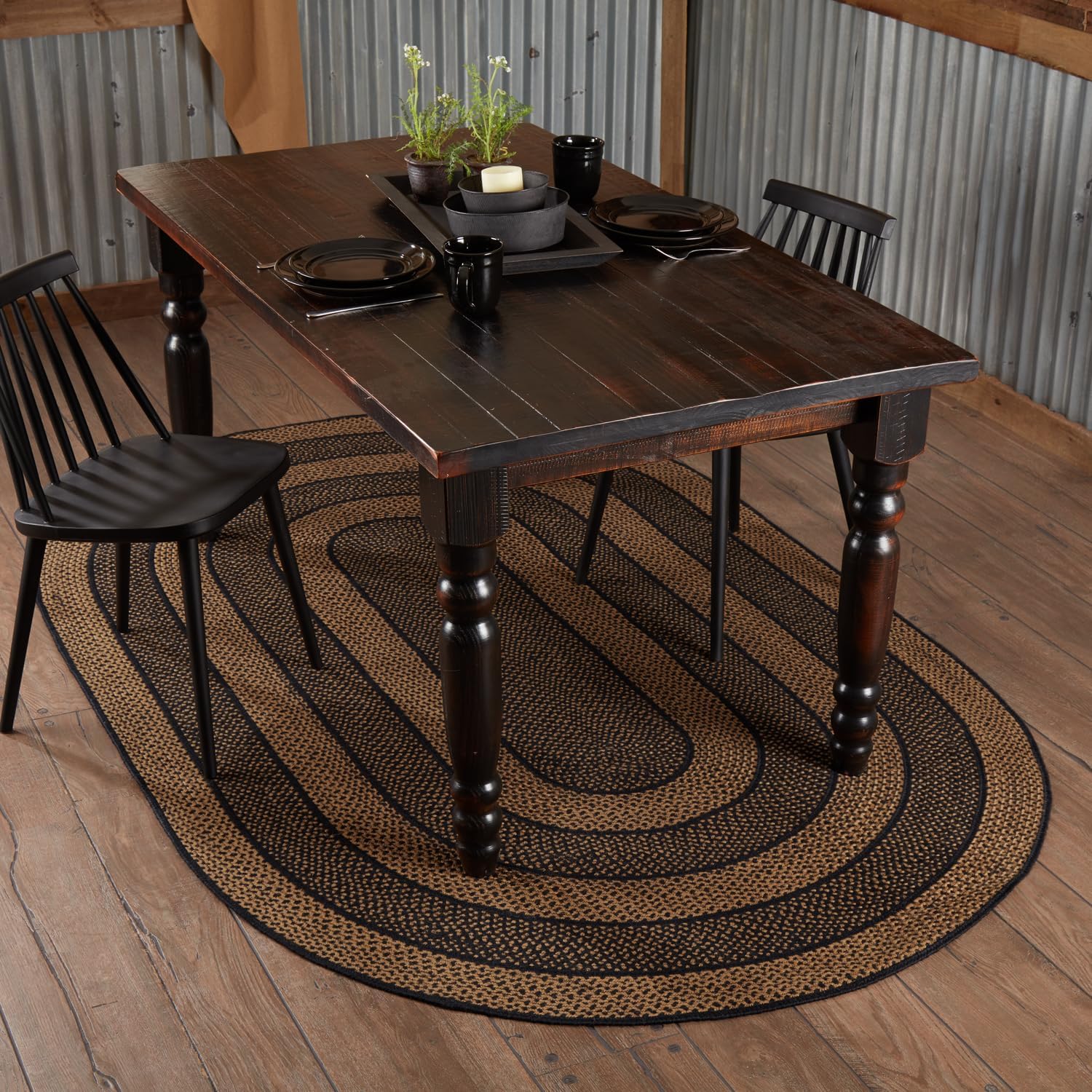 VHC Brands Farmhouse Primitive Jute Black Striped Area Rug Rectangle w/Floor Pad 60"x96"