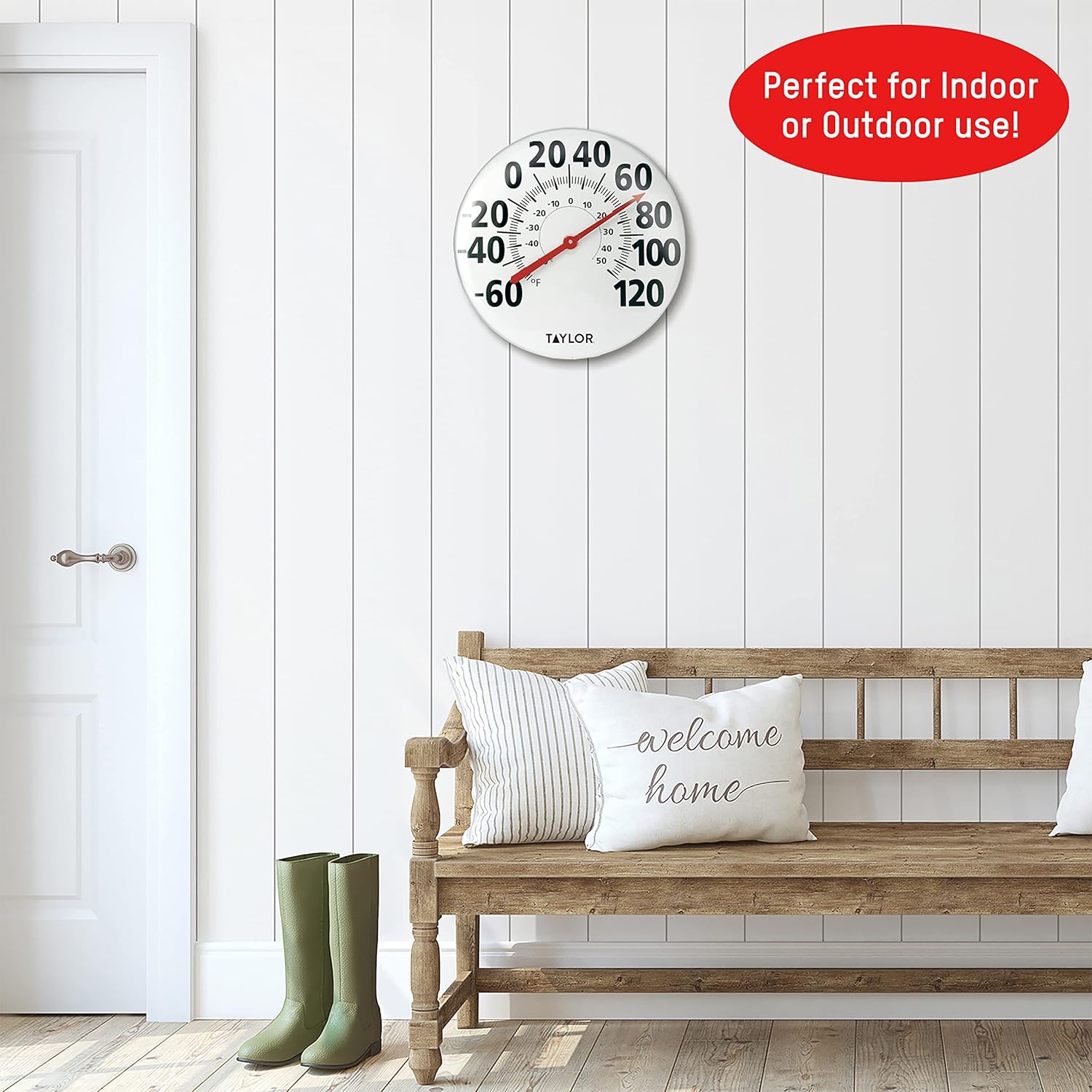 Taylor Extra Large Metal Wall Indoor Outdoor Thermometer, Easy to Read Numbers for Patio, Pool, and Indoor Areas, 18 inch, White