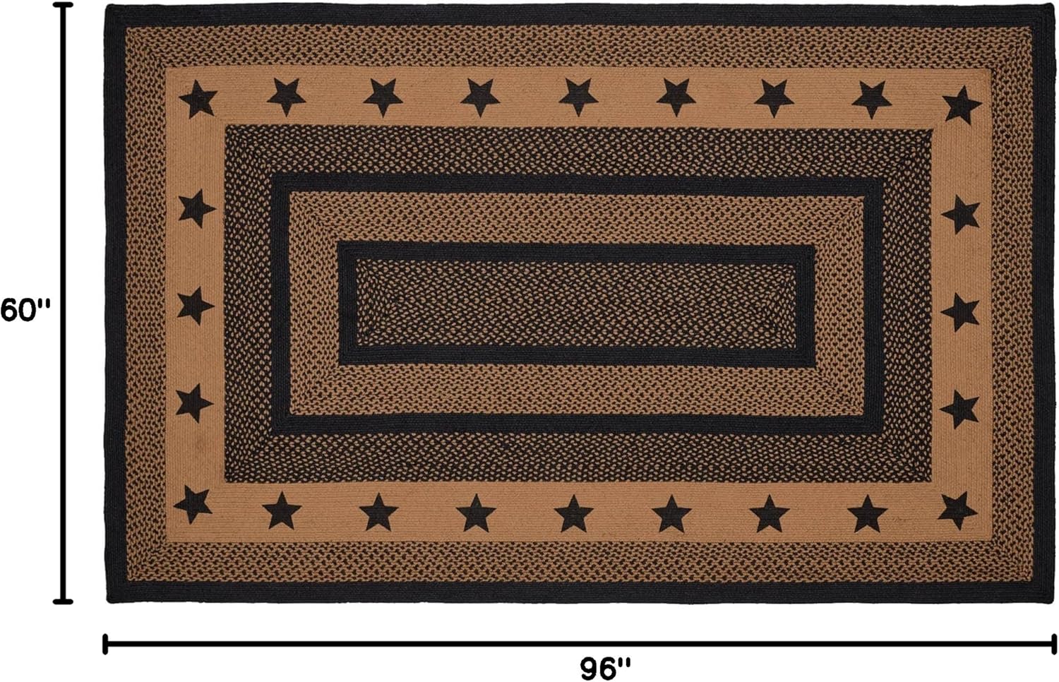 VHC Brands Farmhouse Star, Braided Jute Area Rug, Non-Skid Pad, Rectangle, Black Tan, 60x96