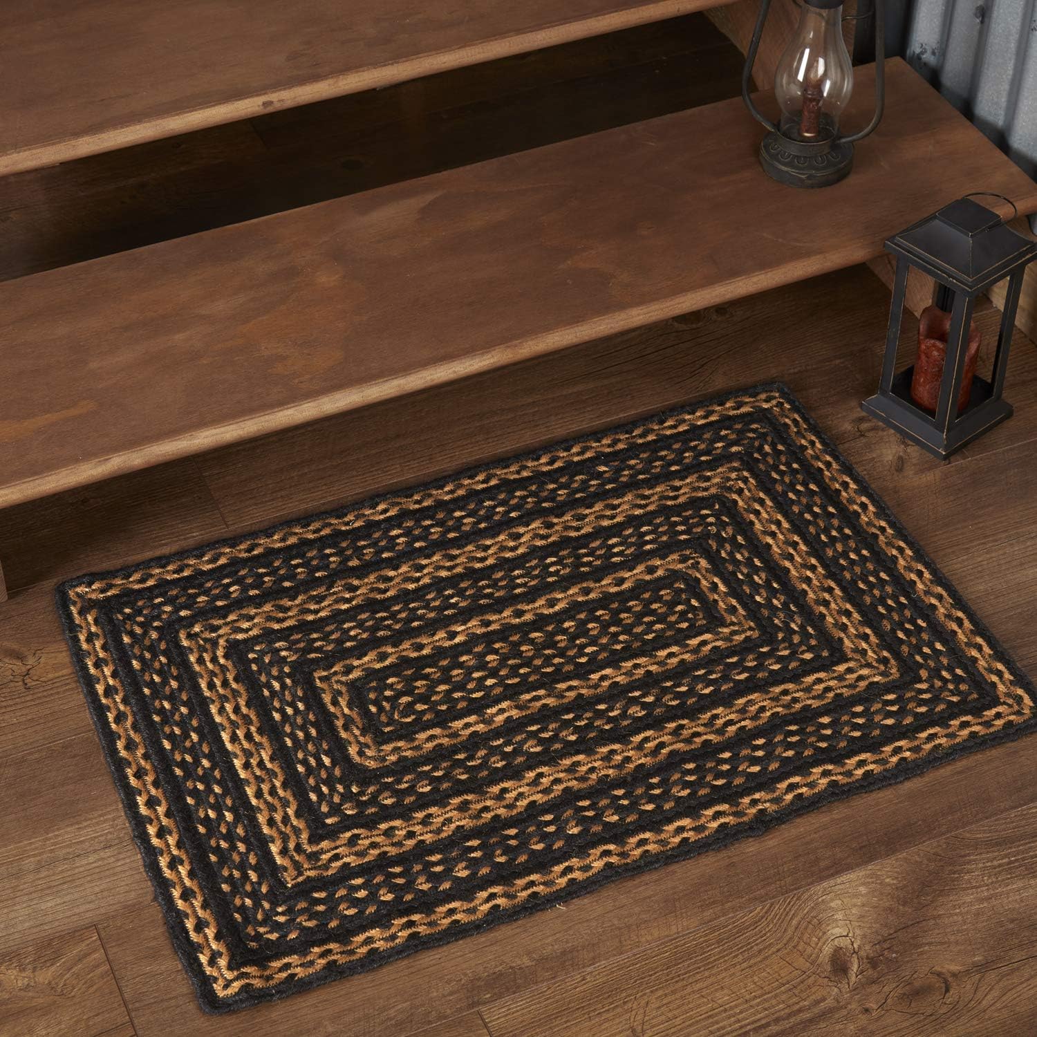 VHC Brands Farmhouse Primitive Jute Black Striped Area Rug Rectangle w/Floor Pad 60"x96"