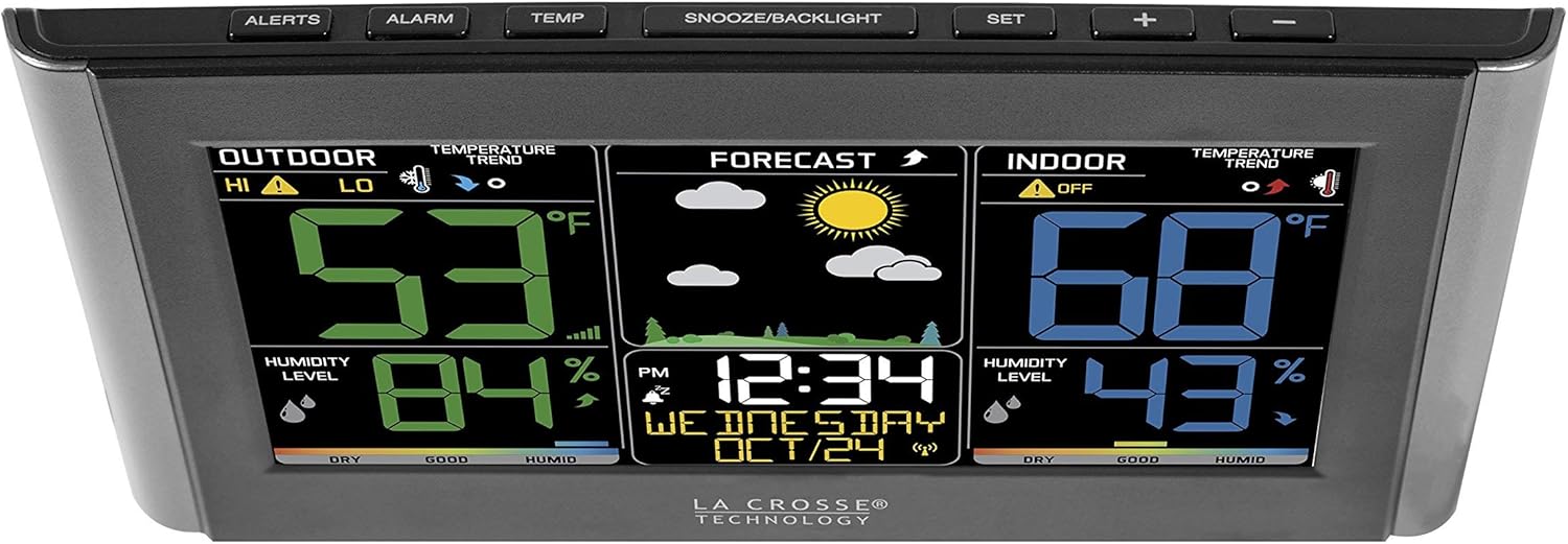 La Crosse Technology Weather Station with Customizable Alerts, Weather Forecast, Temperature, Dew Point, Humidity, Time, Heat Index, Large Display, Adjustable Brightness, Wireless, Black, C85845-INT