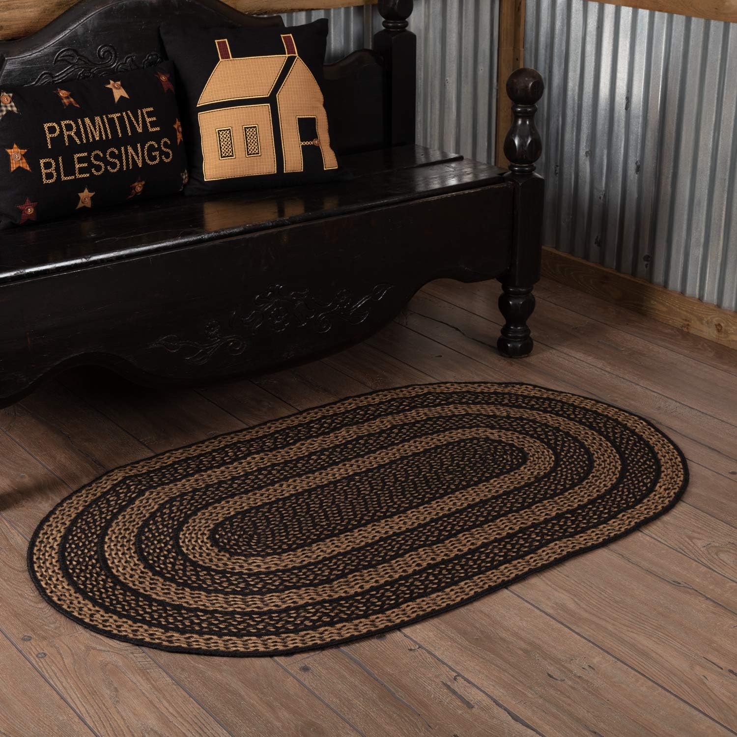 VHC Brands Farmhouse Primitive Jute Black Striped Area Rug Rectangle w/Floor Pad 60"x96"