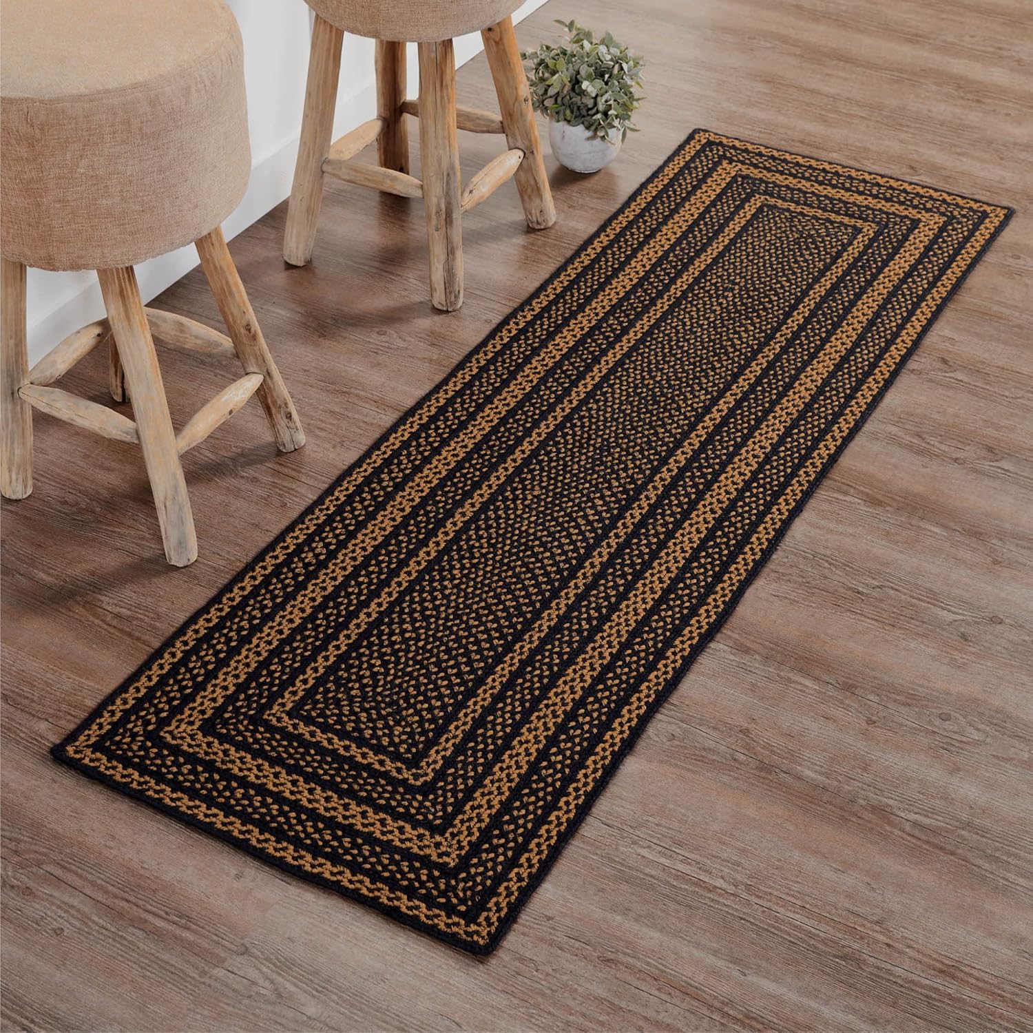 VHC Brands Farmhouse Primitive Jute Black Striped Area Rug Rectangle w/Floor Pad 60"x96"