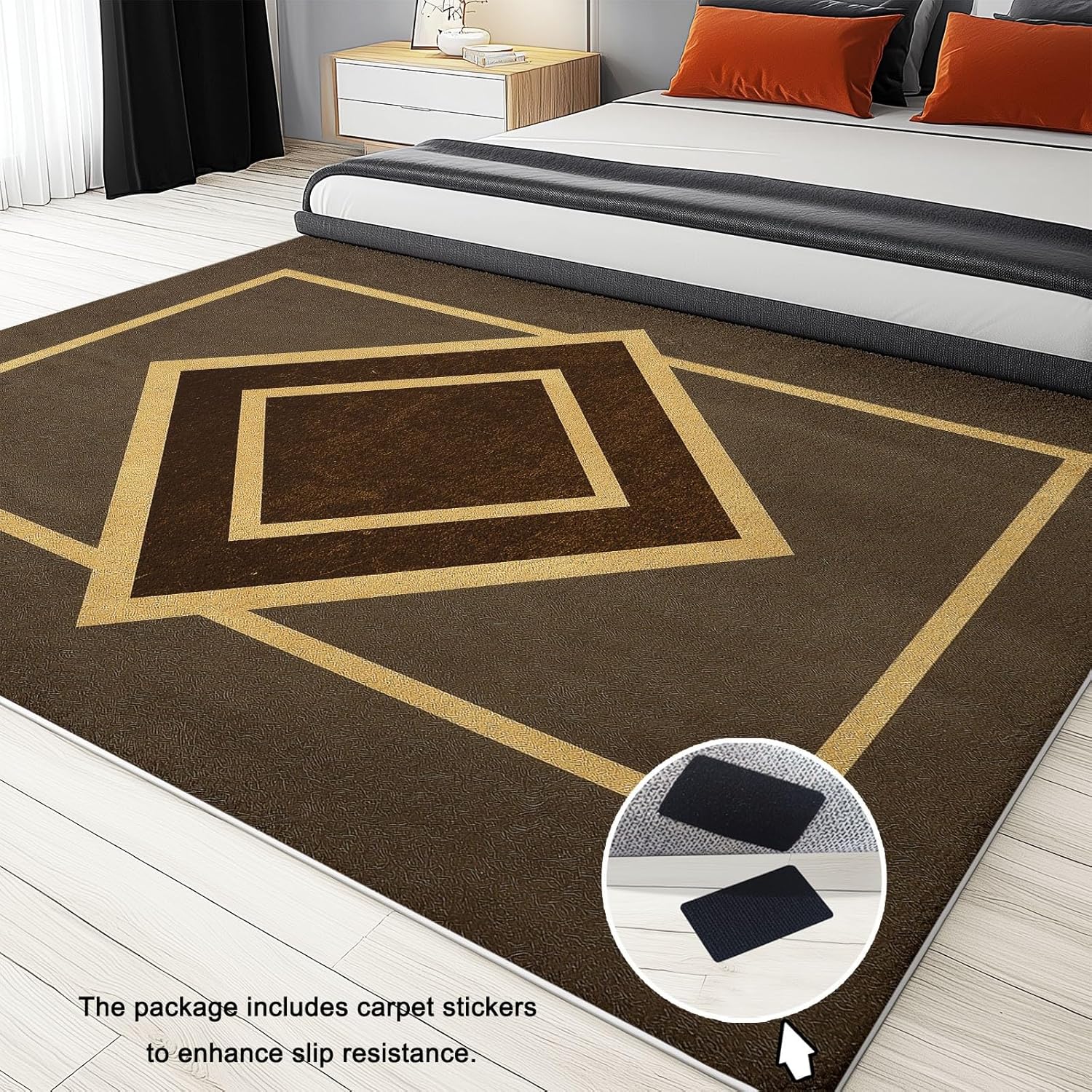 Washable Area Rugs Geometric Symmetric Rectangle 6 x 8 ft Carpet, Dark Brown Stain Resistant Machine Washable Non-Slip Flannel Carpet, for Bedroom Dining Room Entryway Doormat
