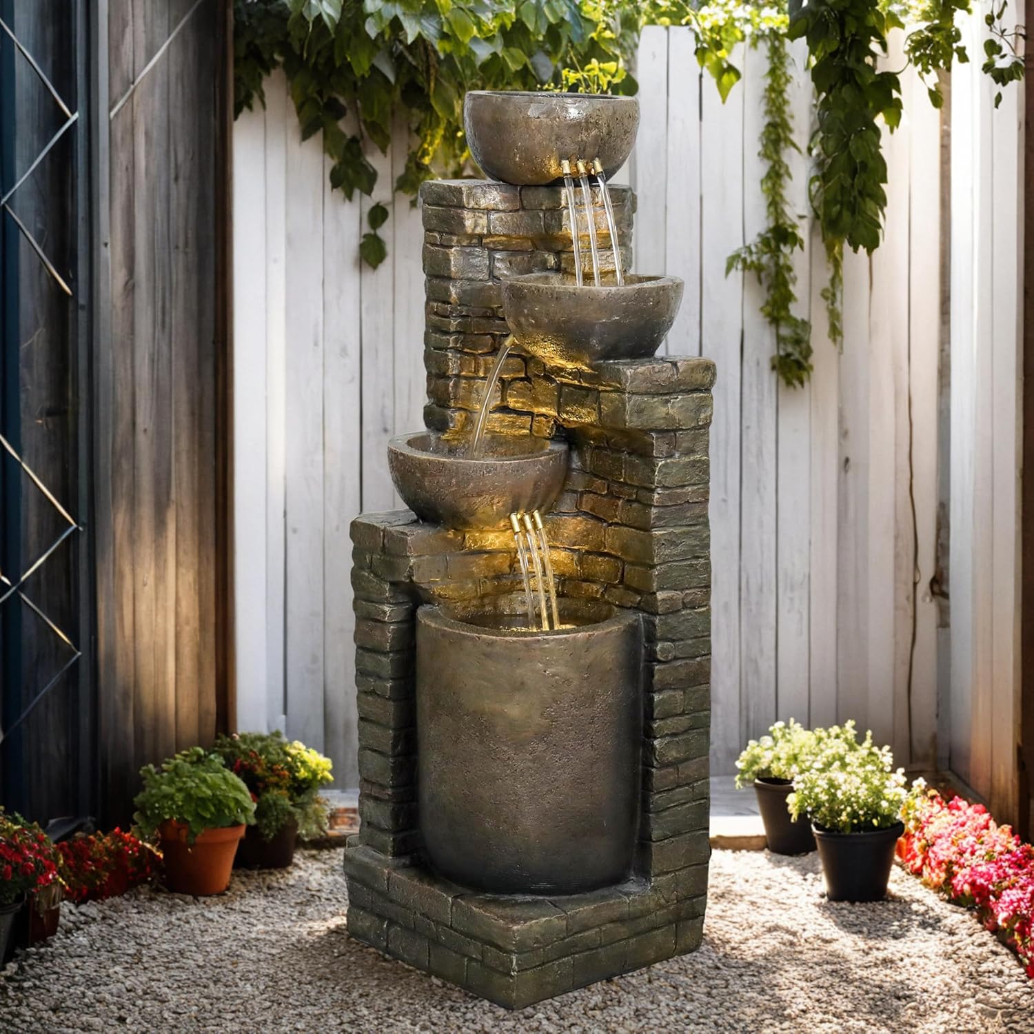 5 -Tier Outdoor Garden Water Fountain Decor, Resin Fountain for Garden, Floor Patio, Deck, Porch, Backyard and Home Art Decor (Brown, 39.7inch)