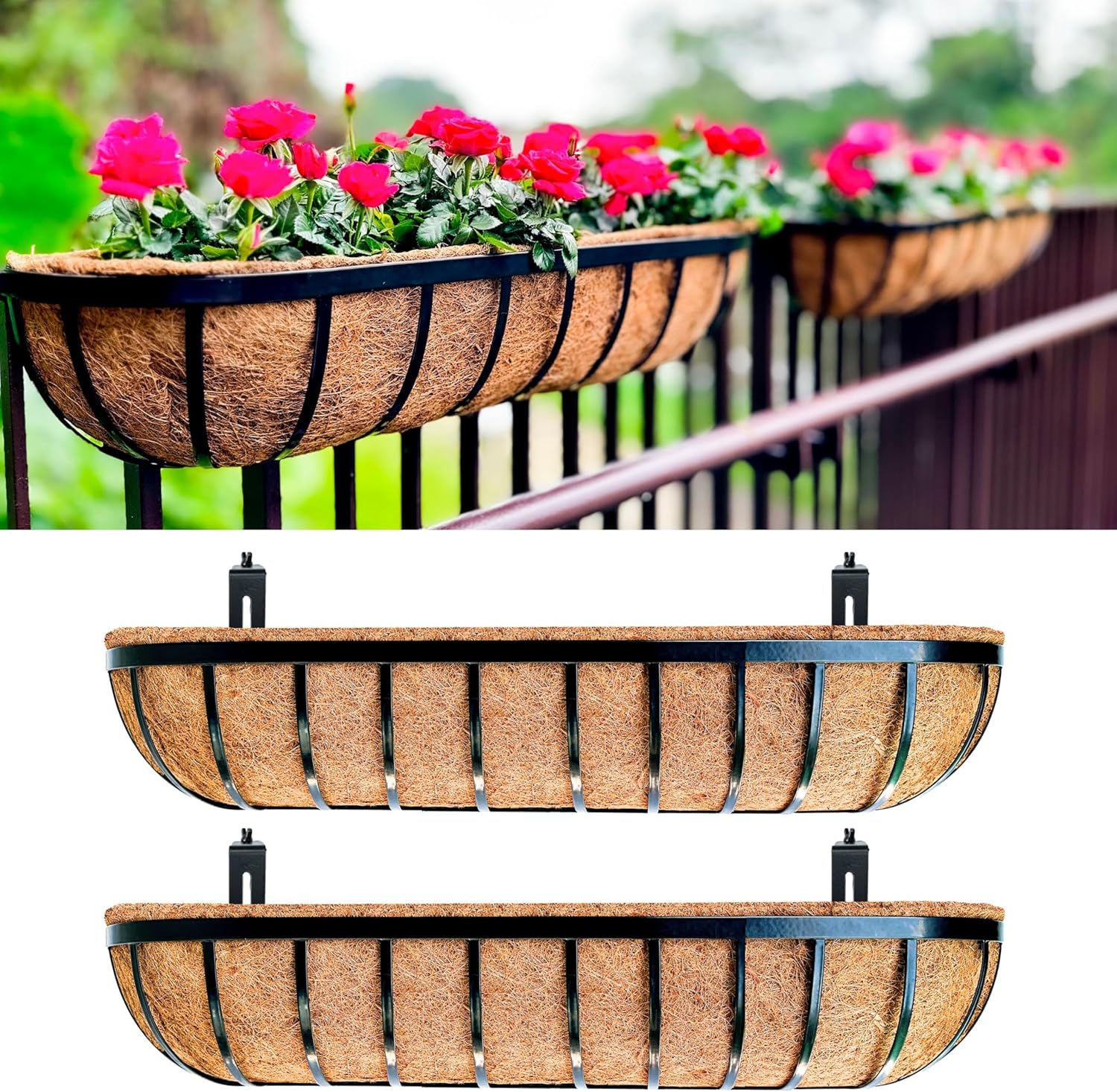 LaLaGreen Deck Railing Planters (48 Inch, 2 Pack) Extra Large Rectangular Railings Flower Box with Coco Liner, Black Metal Bracket Balcony Hanging Planter for Outdoor Plants Over Rail Fence Porch