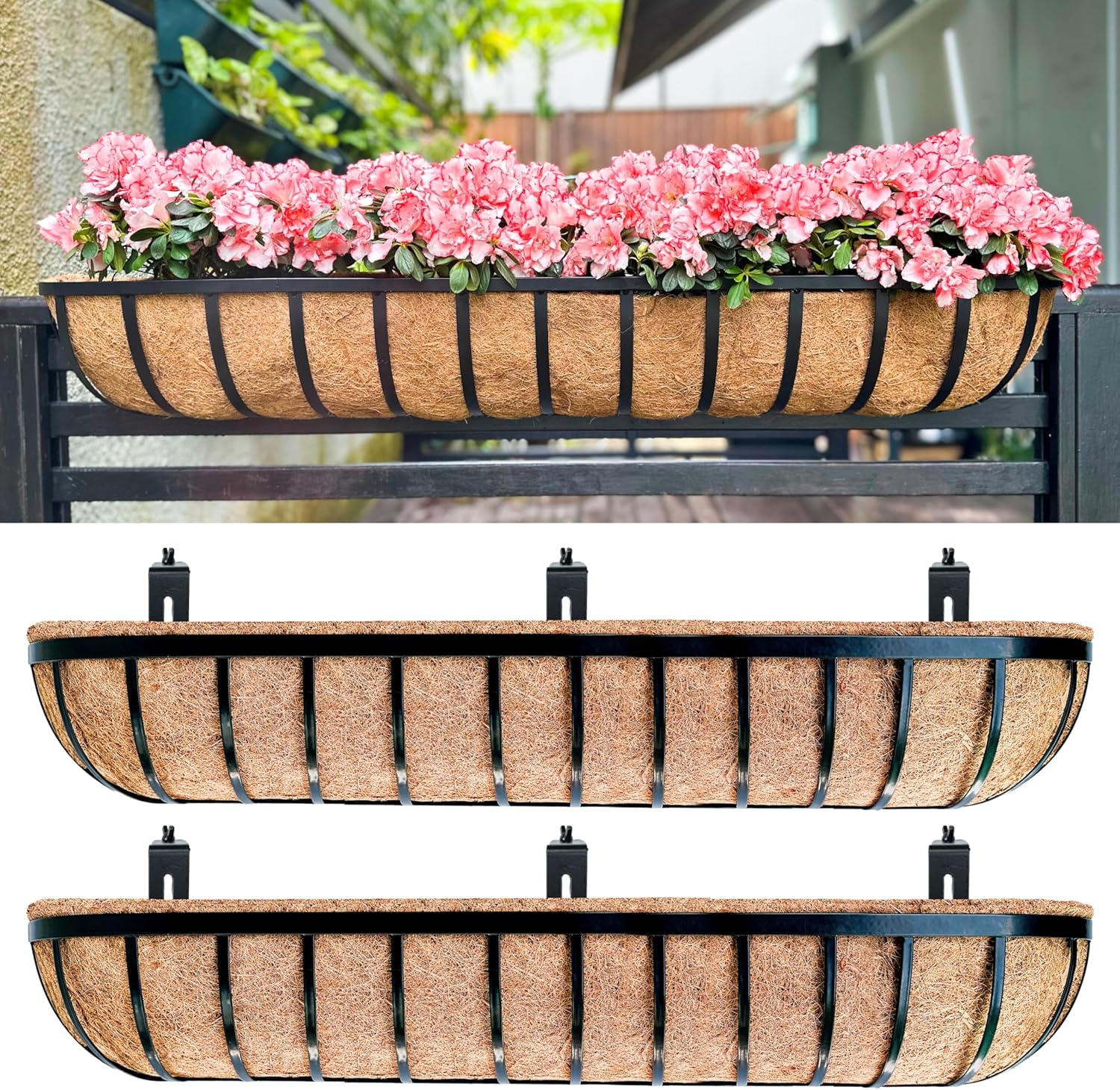 LaLaGreen Deck Railing Planters (48 Inch, 2 Pack) Extra Large Rectangular Railings Flower Box with Coco Liner, Black Metal Bracket Balcony Hanging Planter for Outdoor Plants Over Rail Fence Porch