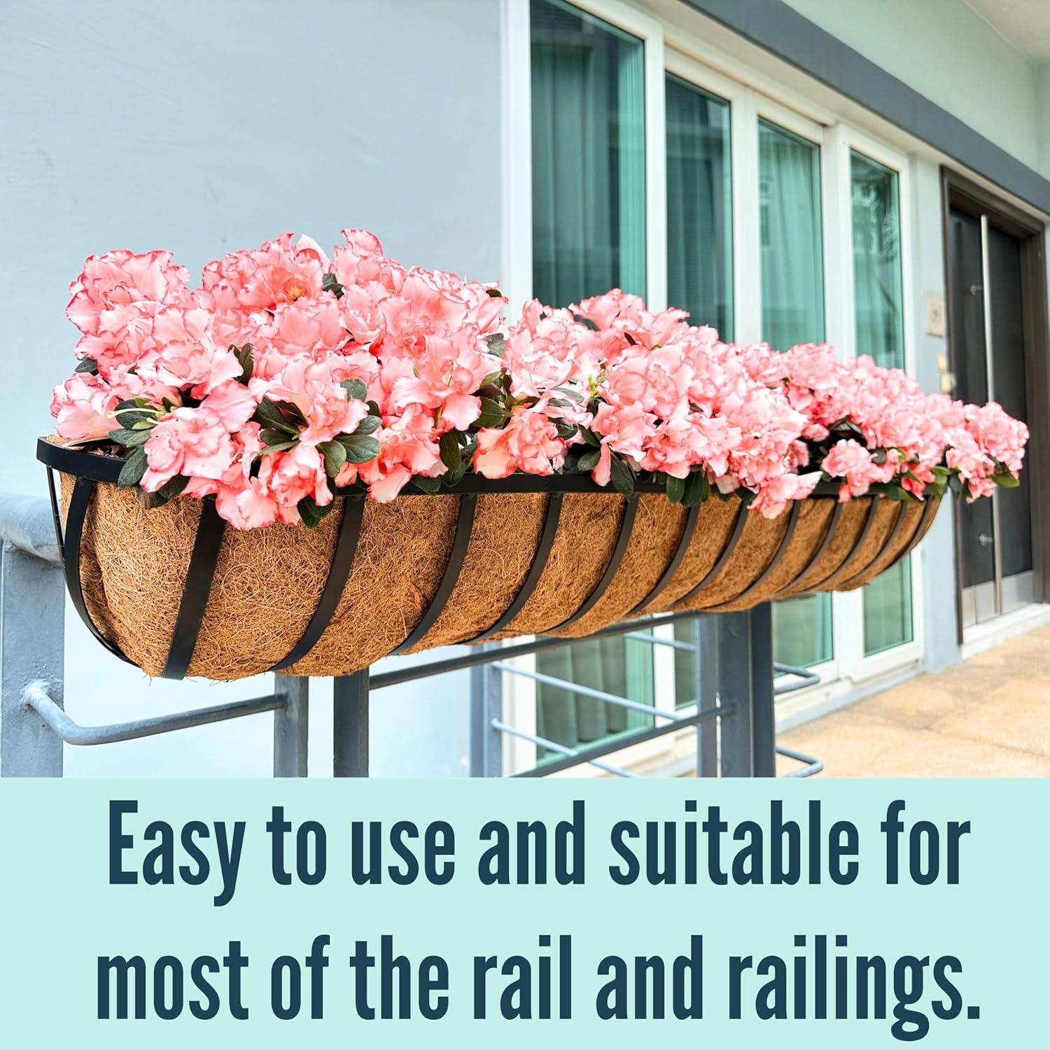 LaLaGreen Deck Railing Planters (48 Inch, 2 Pack) Extra Large Rectangular Railings Flower Box with Coco Liner, Black Metal Bracket Balcony Hanging Planter for Outdoor Plants Over Rail Fence Porch
