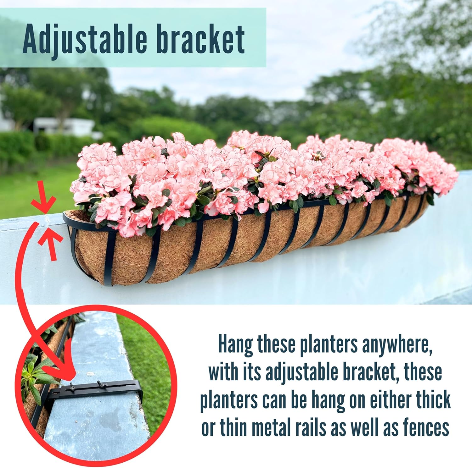 LaLaGreen Deck Railing Planters (48 Inch, 2 Pack) Extra Large Rectangular Railings Flower Box with Coco Liner, Black Metal Bracket Balcony Hanging Planter for Outdoor Plants Over Rail Fence Porch