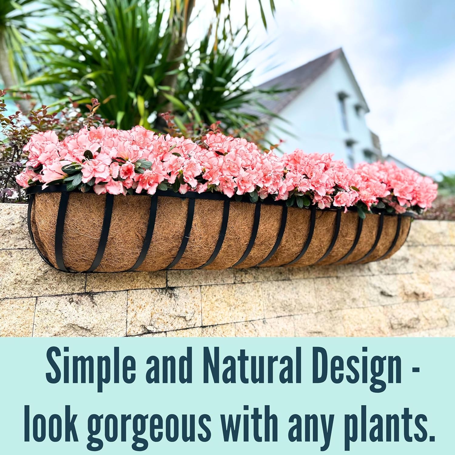 LaLaGreen Deck Railing Planters (48 Inch, 2 Pack) Extra Large Rectangular Railings Flower Box with Coco Liner, Black Metal Bracket Balcony Hanging Planter for Outdoor Plants Over Rail Fence Porch