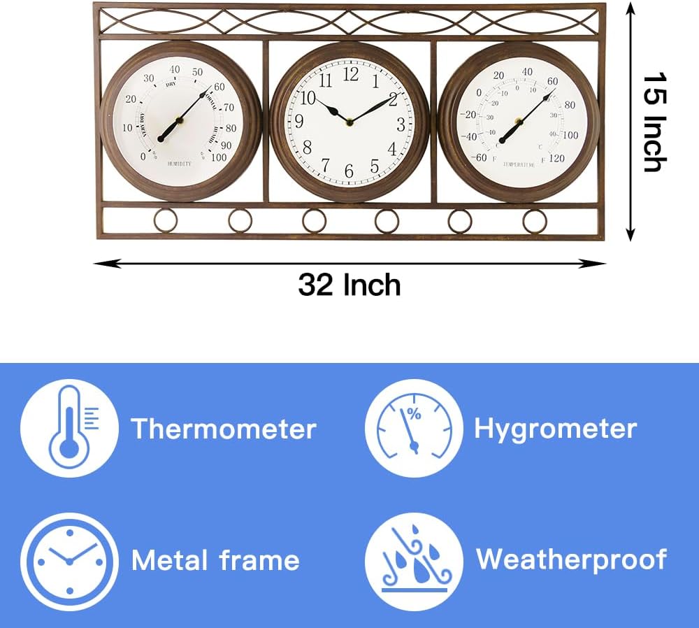 BESTIME 66285A Three-in-one Metal Wall Clock.Thermometer,Hygrometer,Weatherproof,Indoor,Outdoor,Weather Resistant.Whether Industrial,Country,Rustic.
