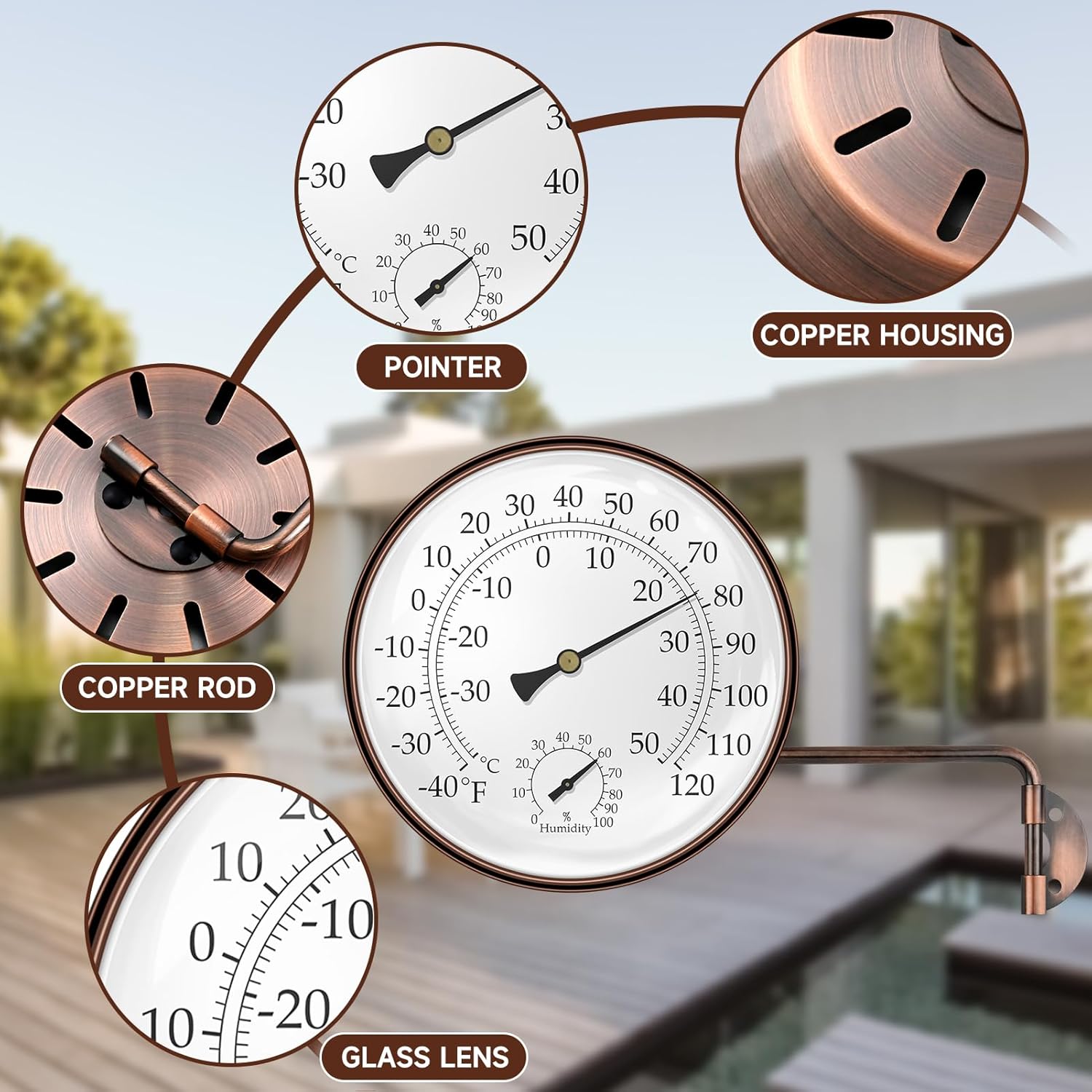 6 Inch Indoor Outdoor Thermometer with Hygrometer - Large Analog Temperature Humidity Gauge with Dual Scale (Fahrenheit & Celsius), Brass Wall Mounted for Garden, Patio, Greenhouse, Chicken Coop
