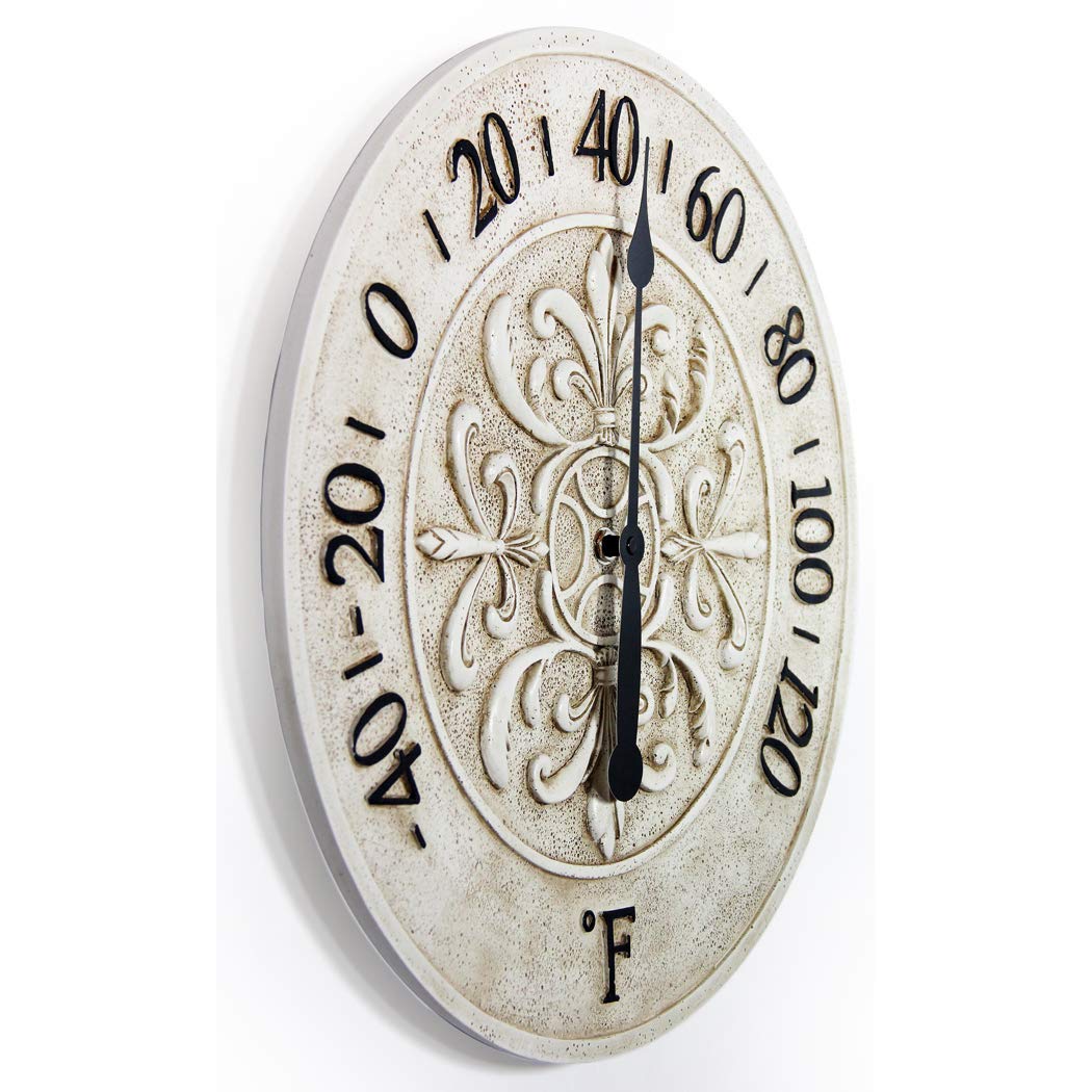 Blanc Fleur 15 inch Decorative Outdoor Thermometer for Garage, Patio, Backyard, Outdoor Wall, Fence Outdoor Thermometer Decorative Patio Thermometer Vintage Antique Aged White Ivory Easy to Read