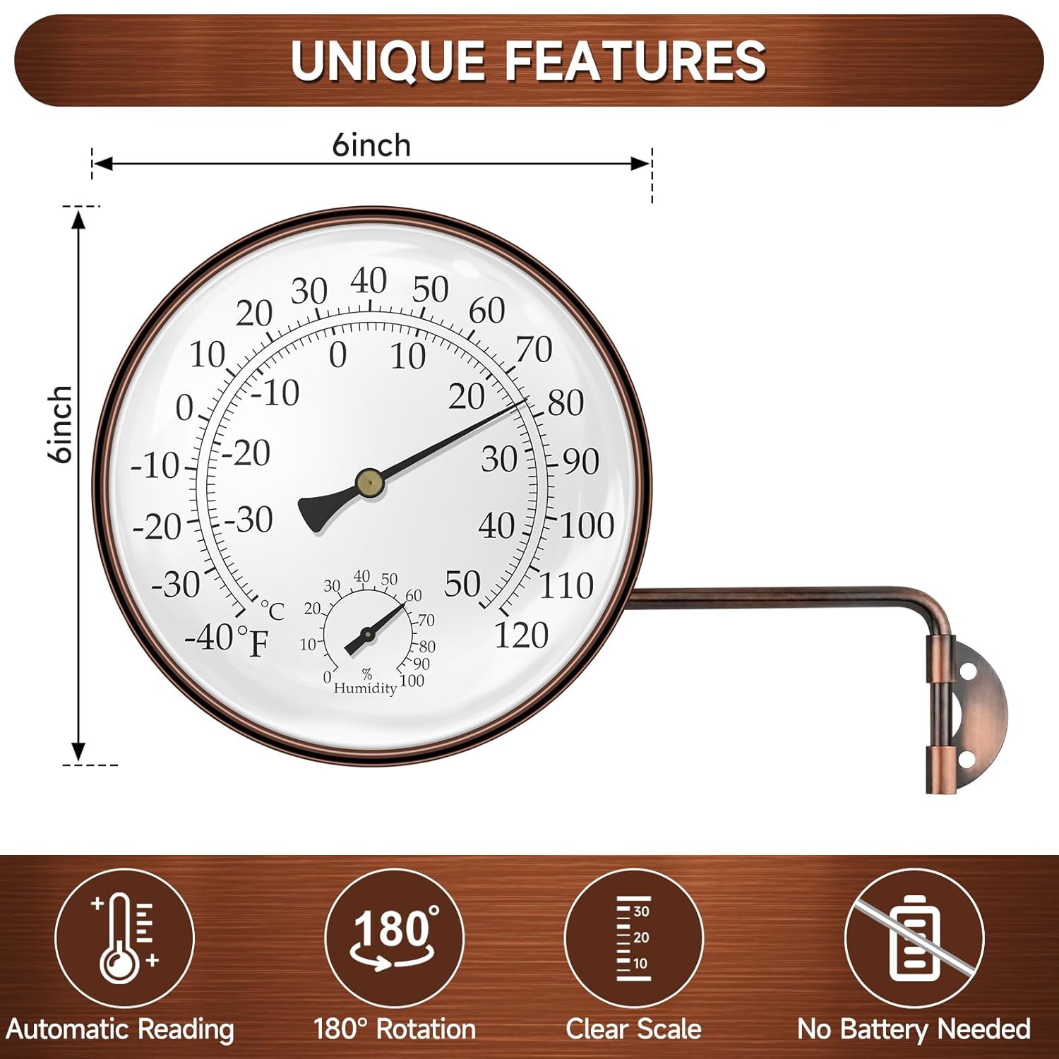 6 Inch Indoor Outdoor Thermometer with Hygrometer - Large Analog Temperature Humidity Gauge with Dual Scale (Fahrenheit & Celsius), Brass Wall Mounted for Garden, Patio, Greenhouse, Chicken Coop