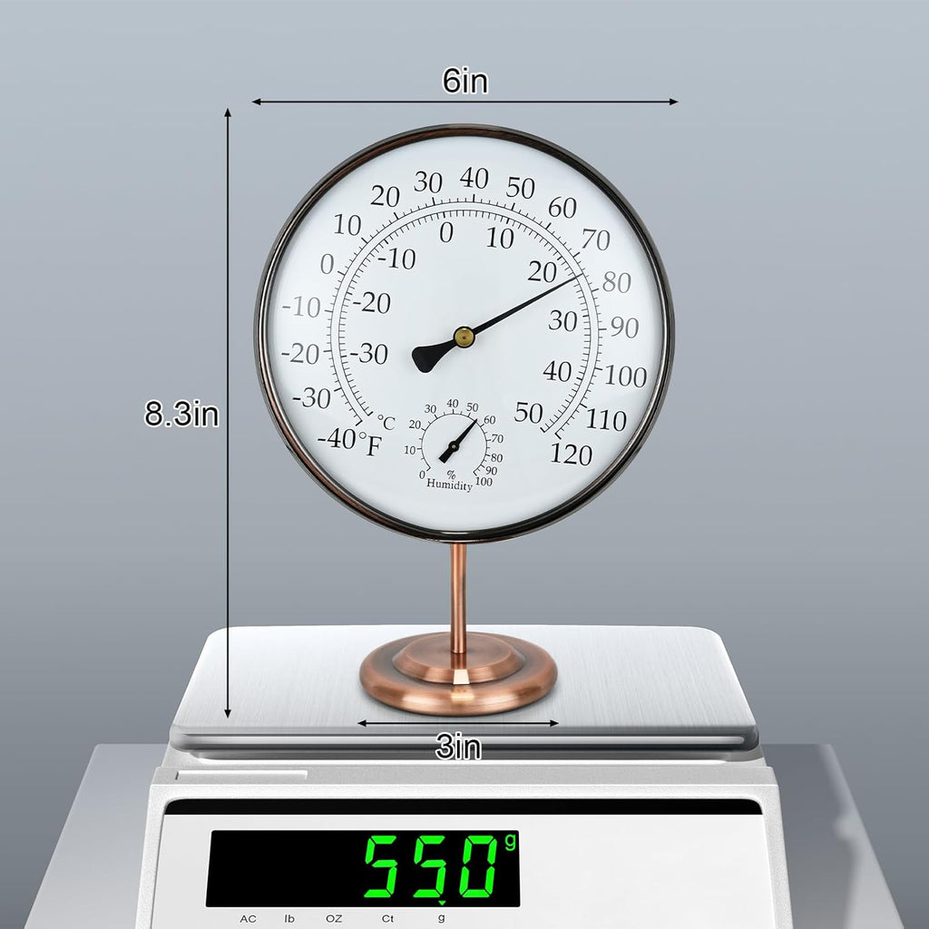 6’’ Outdoor Thermometer Hygrometer - Solid Brass Analog Temperature Gauge with Stand, No Battery Required Weather Dial Hygrometer Thermometer for Home, Office, Table or Decorative