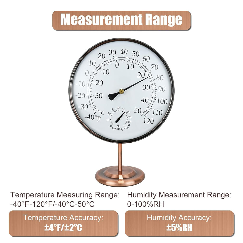 6’’ Outdoor Thermometer Hygrometer - Solid Brass Analog Temperature Gauge with Stand, No Battery Required Weather Dial Hygrometer Thermometer for Home, Office, Table or Decorative