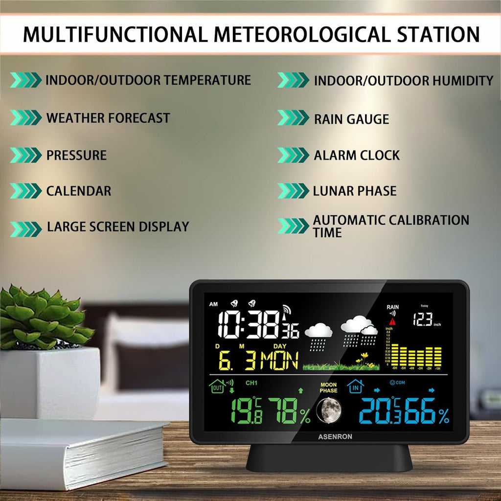 Weather Station with Rain Gauge, Home Weather Stations Wireless Indoor Outdoor with Rain Gauge, Thermometer, Barometric Pressure, Humidity Monitor, Atomic Clock, Digital Weather Forecast and Alerts