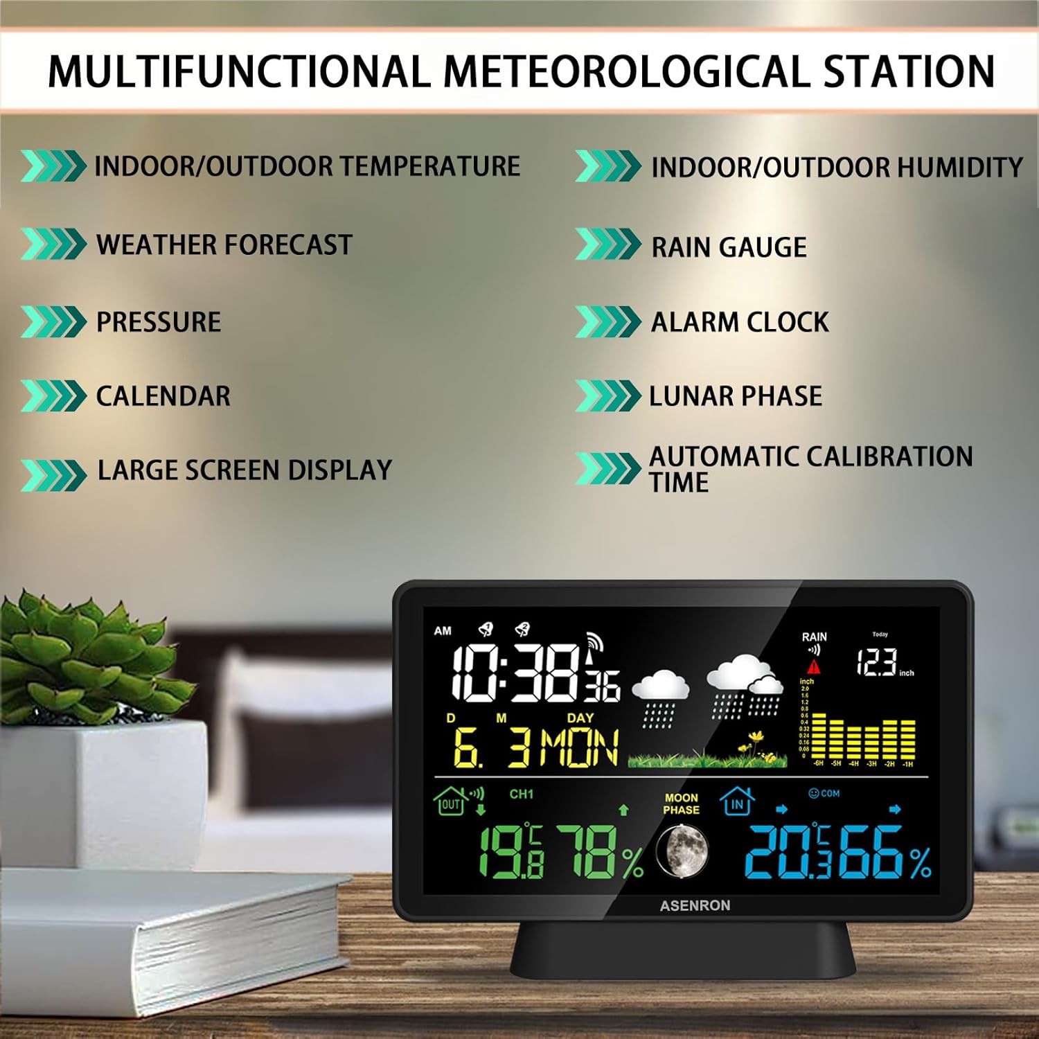Weather Station with Rain Gauge, Home Weather Stations Wireless Indoor Outdoor with Rain Gauge, Thermometer, Barometric Pressure, Humidity Monitor, Atomic Clock, Digital Weather Forecast and Alerts