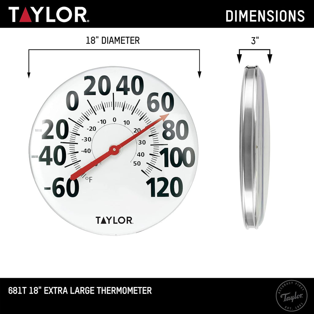Taylor Extra Large Metal Wall Indoor Outdoor Thermometer, Easy to Read Numbers for Patio, Pool, and Indoor Areas, 18 inch, White