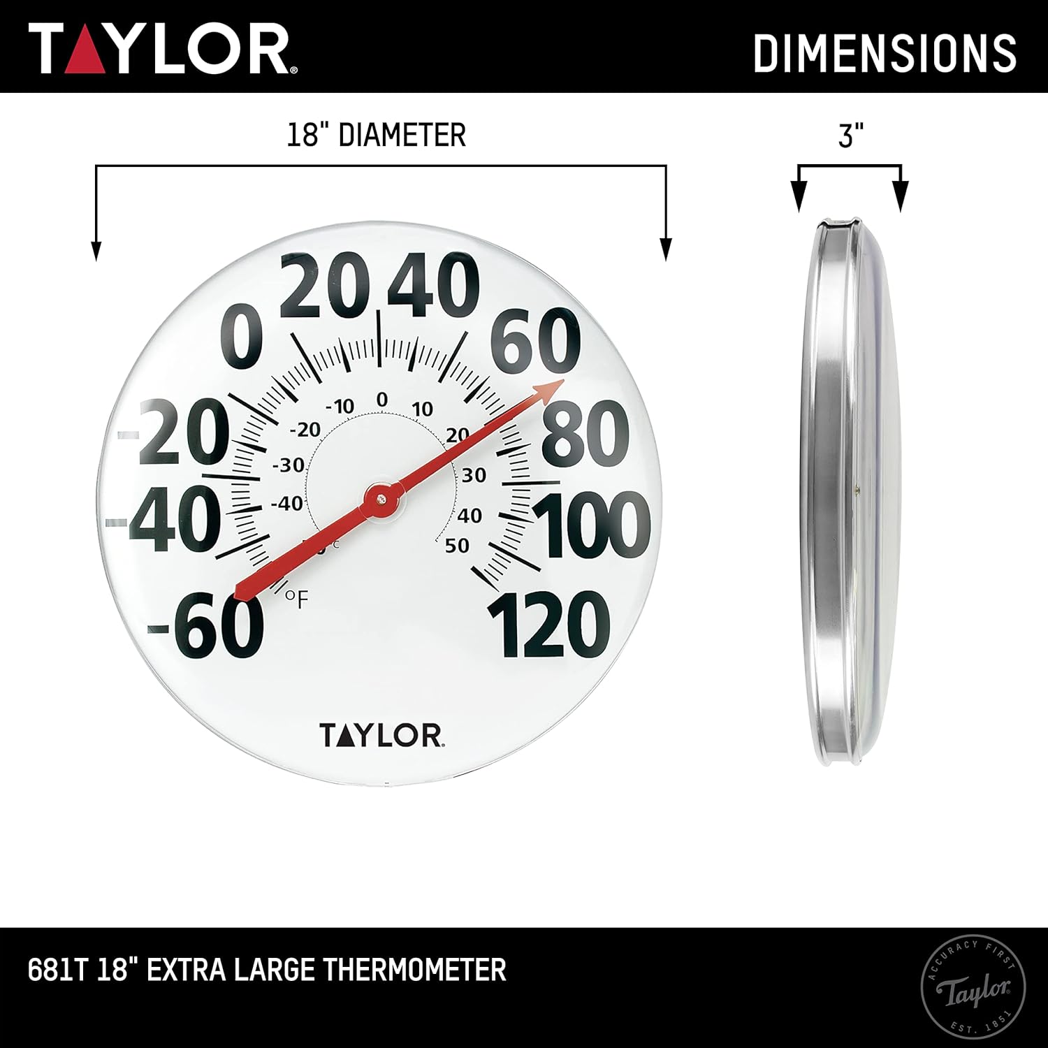 Taylor Extra Large Metal Wall Indoor Outdoor Thermometer, Easy to Read Numbers for Patio, Pool, and Indoor Areas, 18 inch, White
