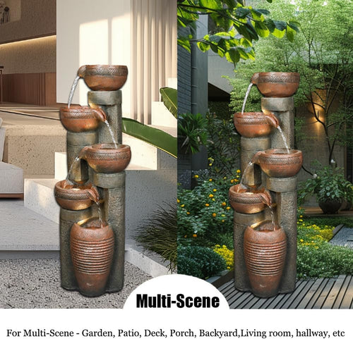 5 -Tier Outdoor Garden Water Fountain Decor, Resin Fountain for Garden, Floor Patio, Deck, Porch, Backyard and Home Art Decor (Brown, 39.7inch)