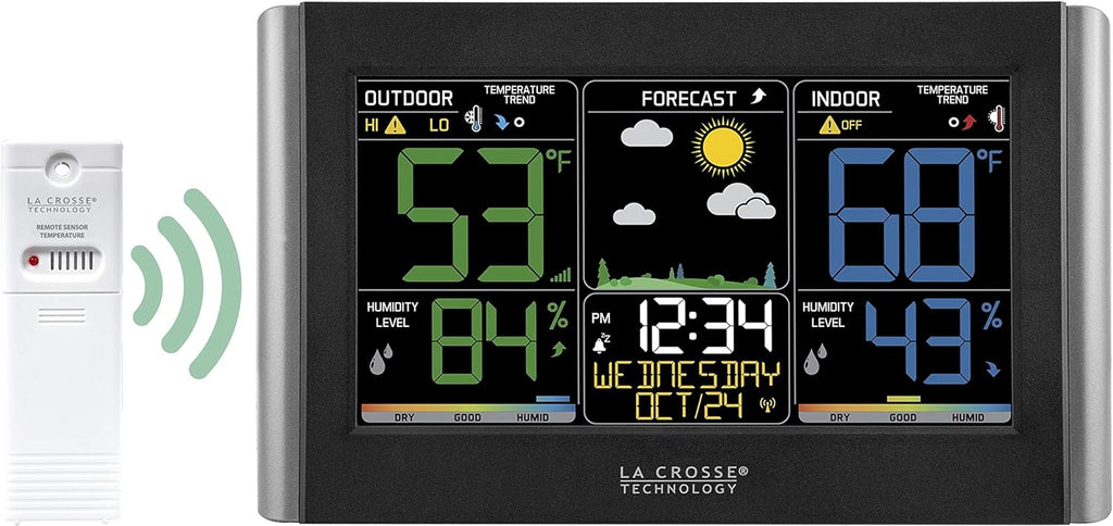 La Crosse Technology Weather Station with Customizable Alerts, Weather Forecast, Temperature, Dew Point, Humidity, Time, Heat Index, Large Display, Adjustable Brightness, Wireless, Black, C85845-INT